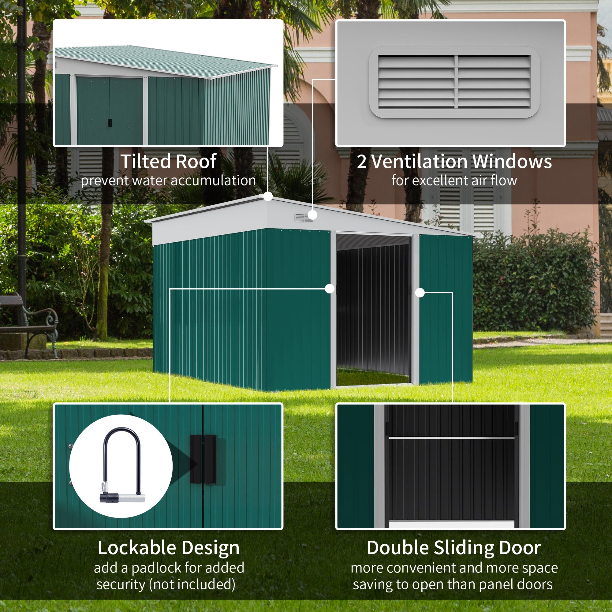 Outsunny Garden Metal Storage Shed Outdoor Metal Tool House with Double Sliding Doors and 2 Air Vents, 11.3x9.2ft, Green - anydaydirect