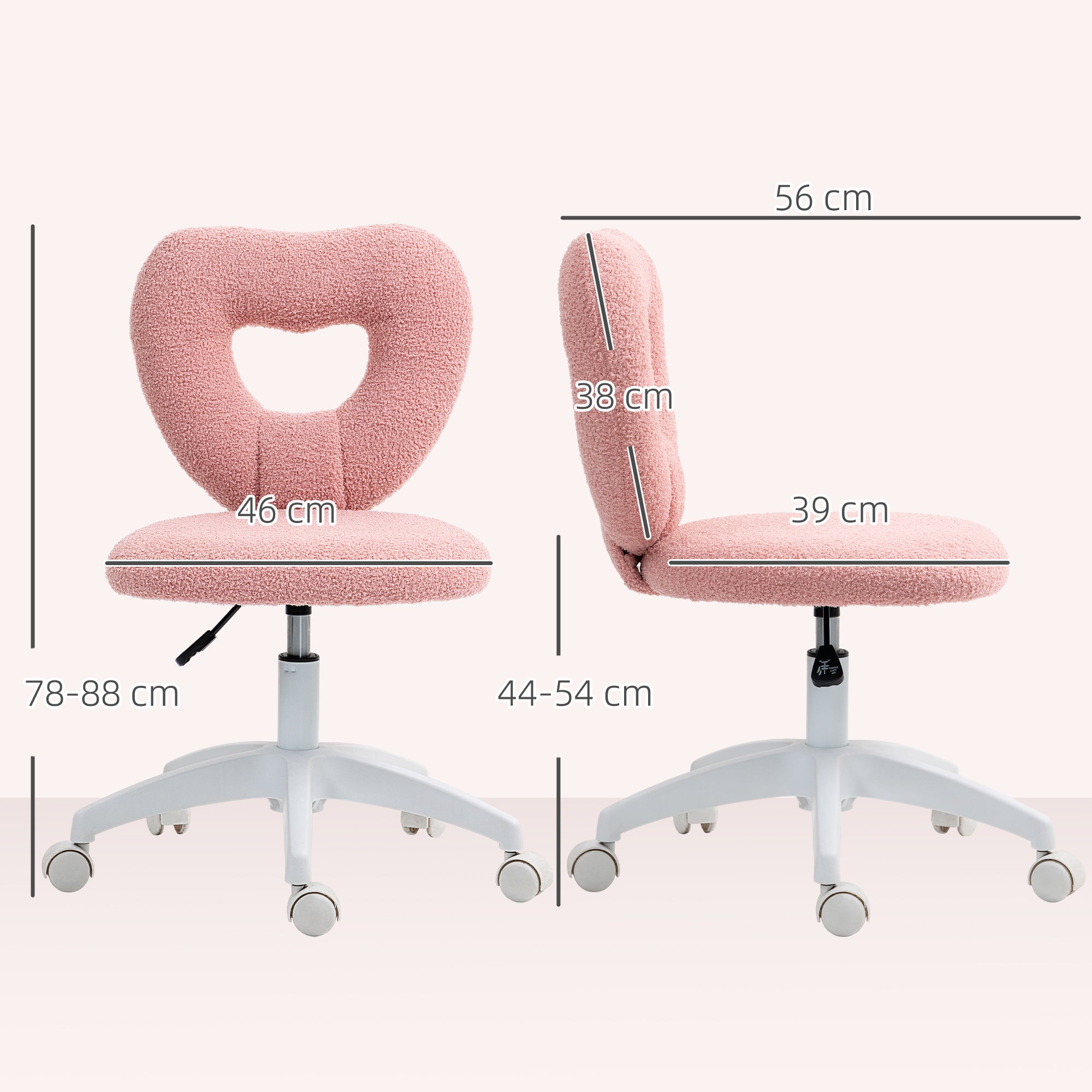 HOMCOM Armless Heart Computer Desk Chair, Teddy Fleece Swivel Office Chair, Makeup Vanity Chair with Height Adjustable, Wheels, for Home Study Bedroom, Pink - anydaydirect
