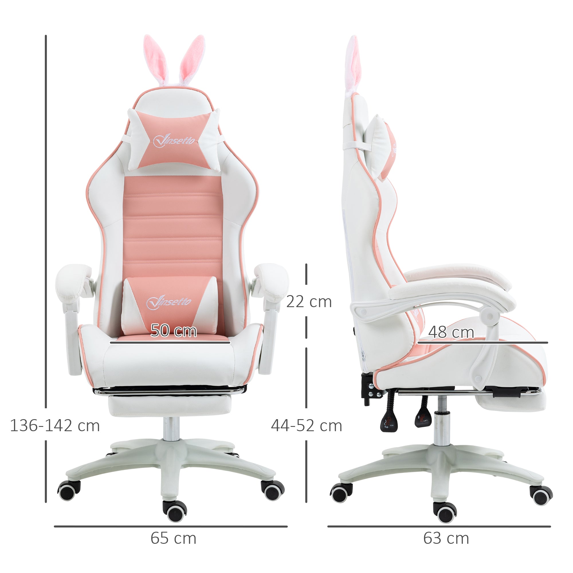 Vinsetto Racing Gaming Chair, Reclining PU Leather Computer Chair with Removable Rabbit Ears, Footrest, Headrest and Lumber Support, Pink - anydaydirect