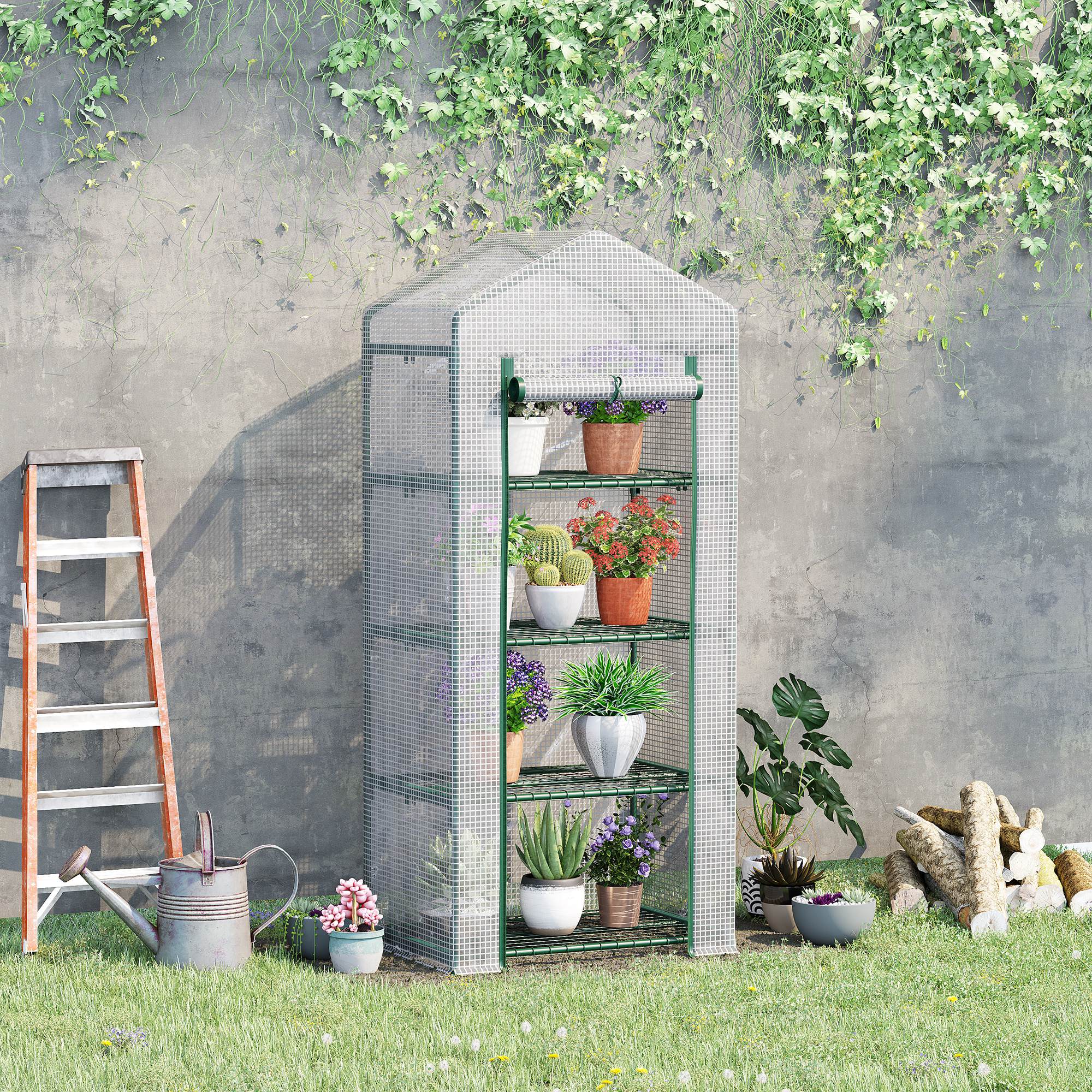 Outsunny 4 Tier Mini Greenhouse, Portable Compact Green House with Steel Frame, PE Cover, Roll-up Door, 70 x 50 x 160 cm, White - anydaydirect