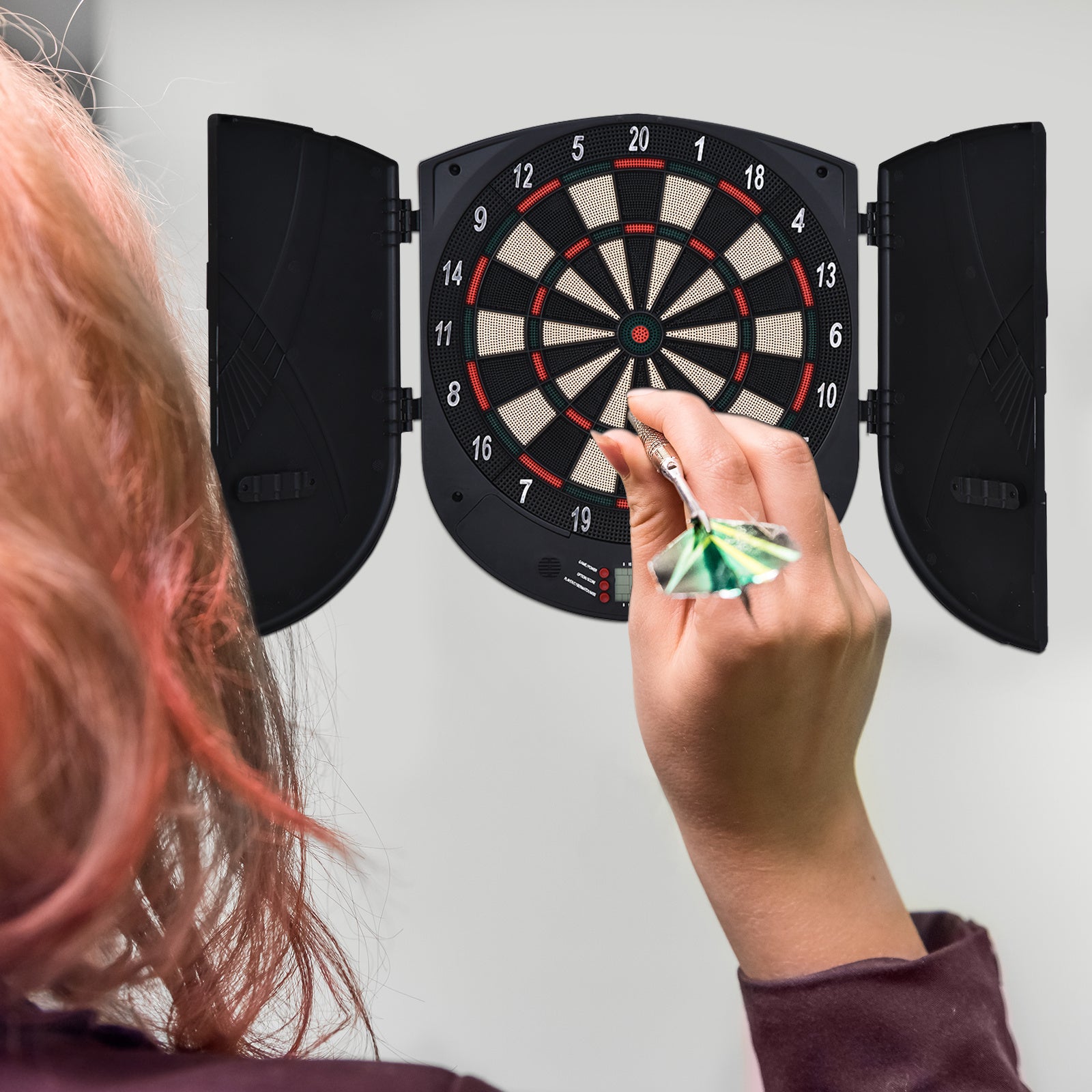 HOMCOM  Electronic Dartboard Set 26 Games and 185 Variations with 6 Darts and Cabinet to Stroage Multi-Game Option Ready-to-Play - anydaydirect