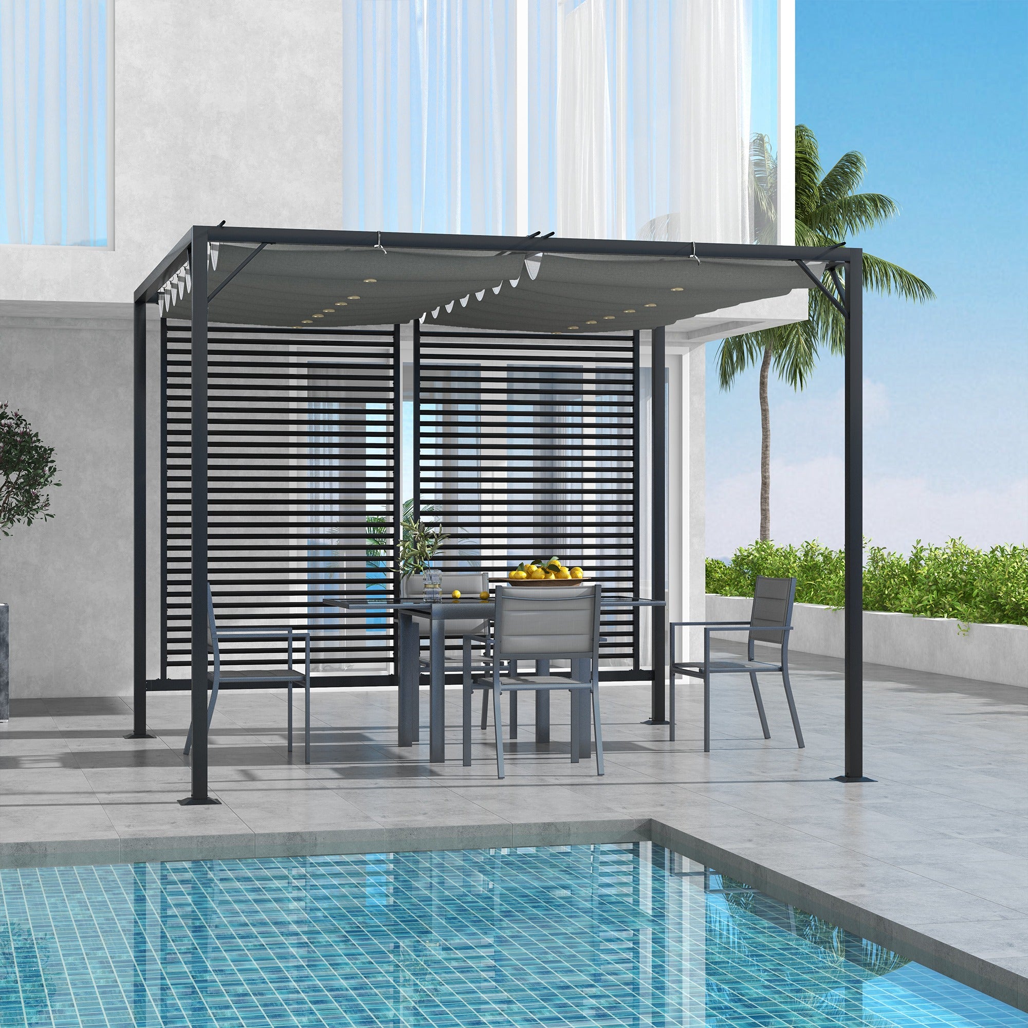 Outsunny 3 x 2.8m Metal Pergola, with Retractable Fabric Roof - Grey - anydaydirect