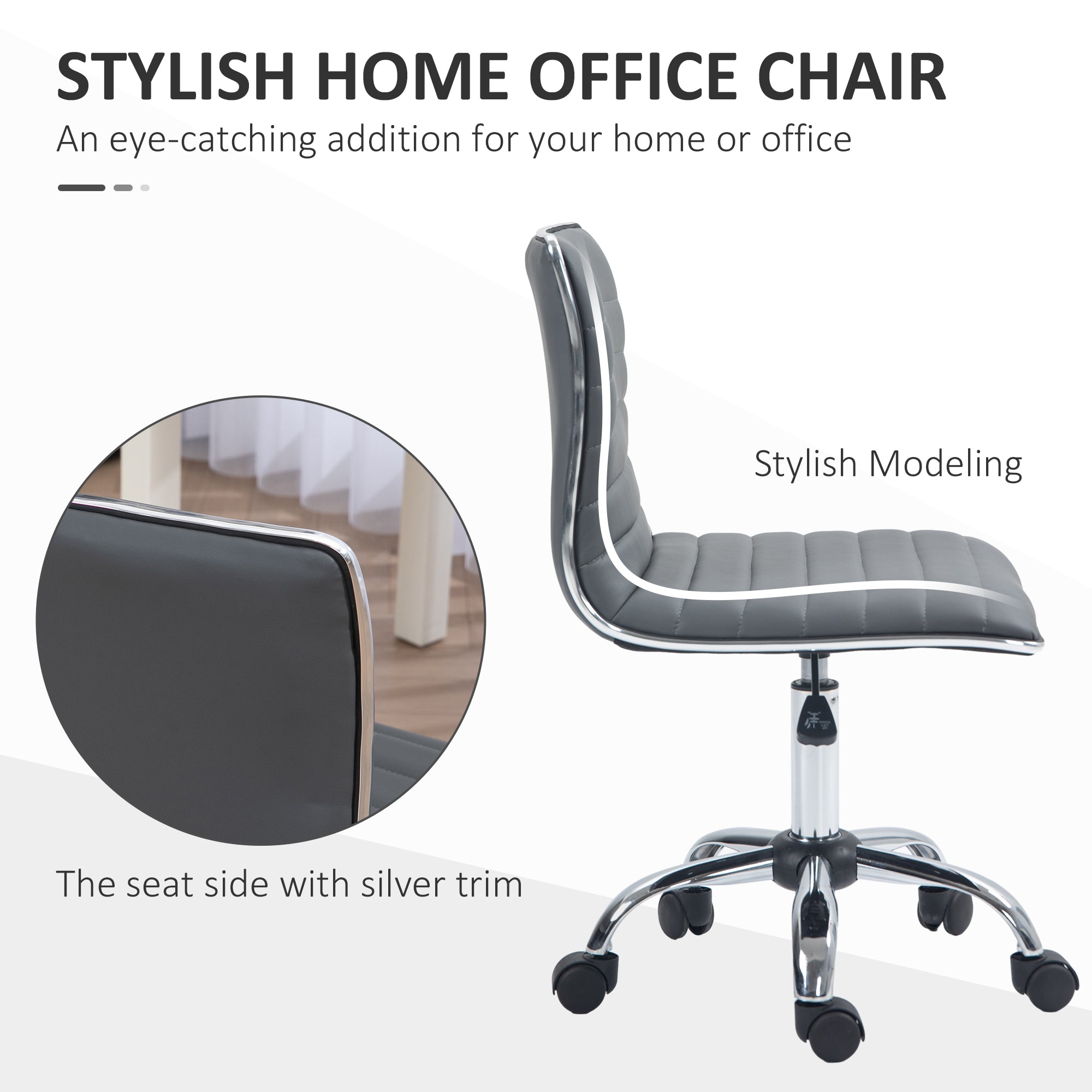HOMCOM Adjustable Swivel Office Chair with Armless Mid-Back in PU Leather and Chrome Base - Dark Grey - anydaydirect