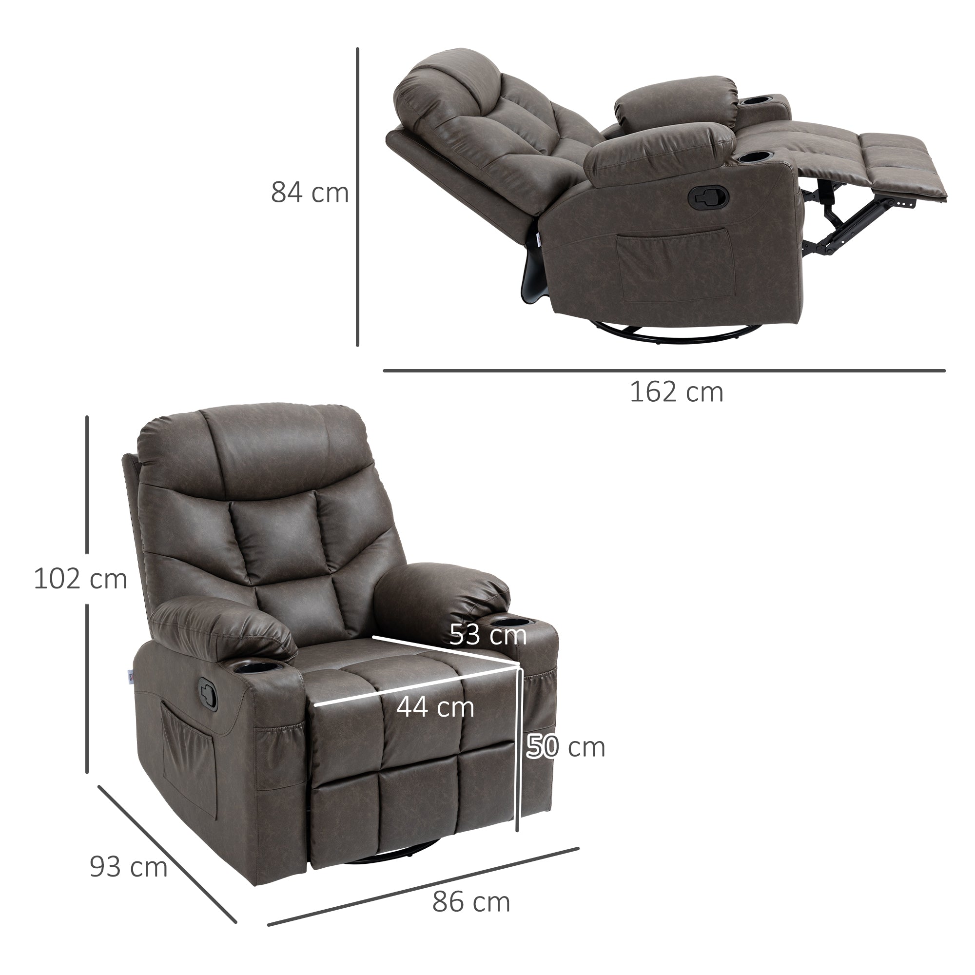HOMCOM Manual Reclining Chair, Recliner Armchair with Faux Leather, Footrest, Cup Holders, 86x93x102cm, Brown - anydaydirect