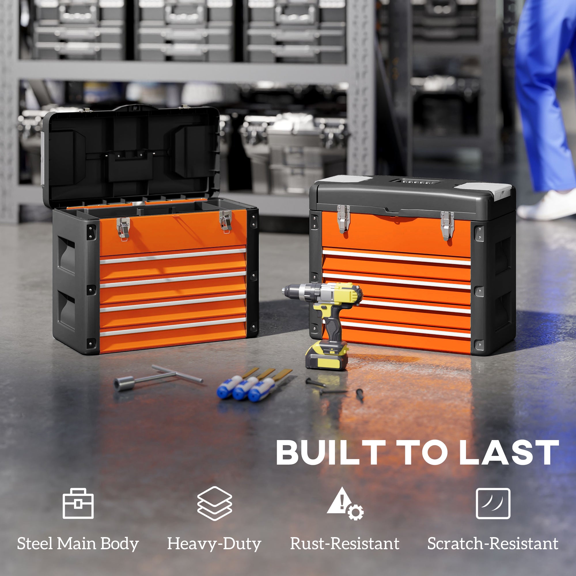 HOMCOM 4 Drawers Large Toolbox - Orange - anydaydirect