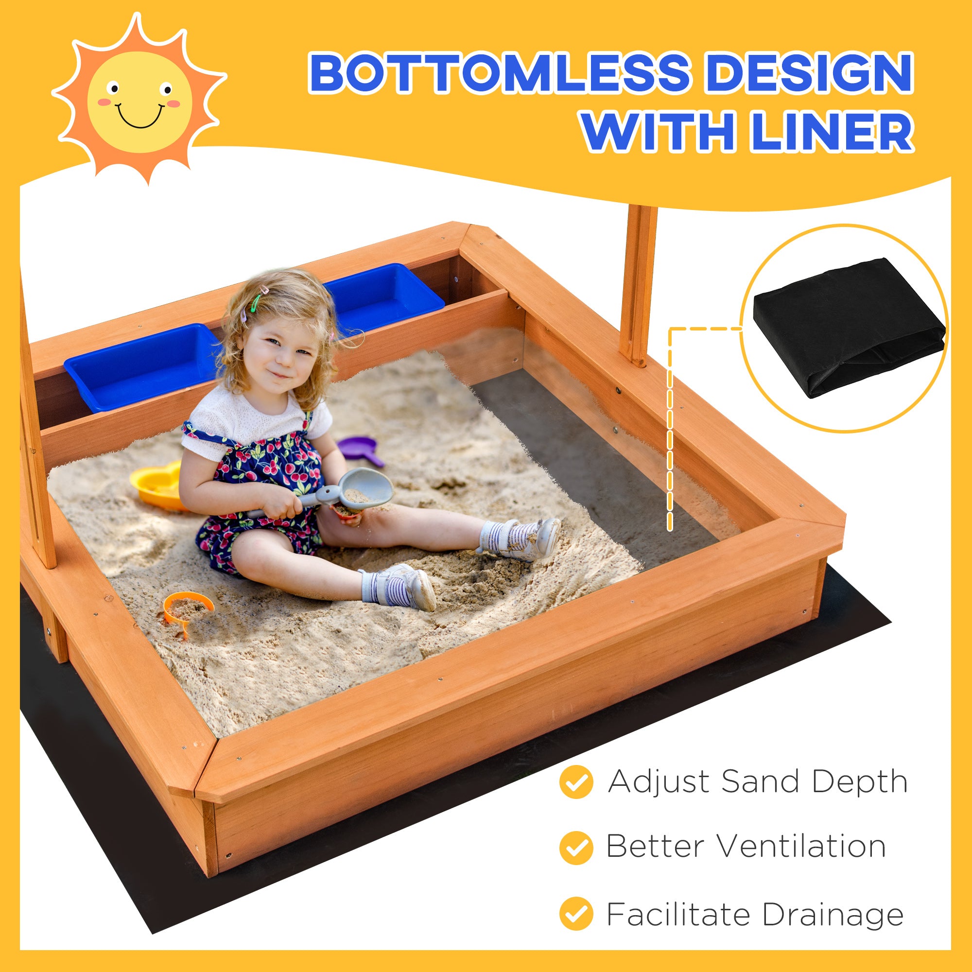Outsunny Sand Pit Kids Wooden Sandbox with Cover Children Sandpit Play Station Height Adjustable with Canopy, Bottom Liner, Plastic Basins for Outdoor Aged 3-7 Years - anydaydirect