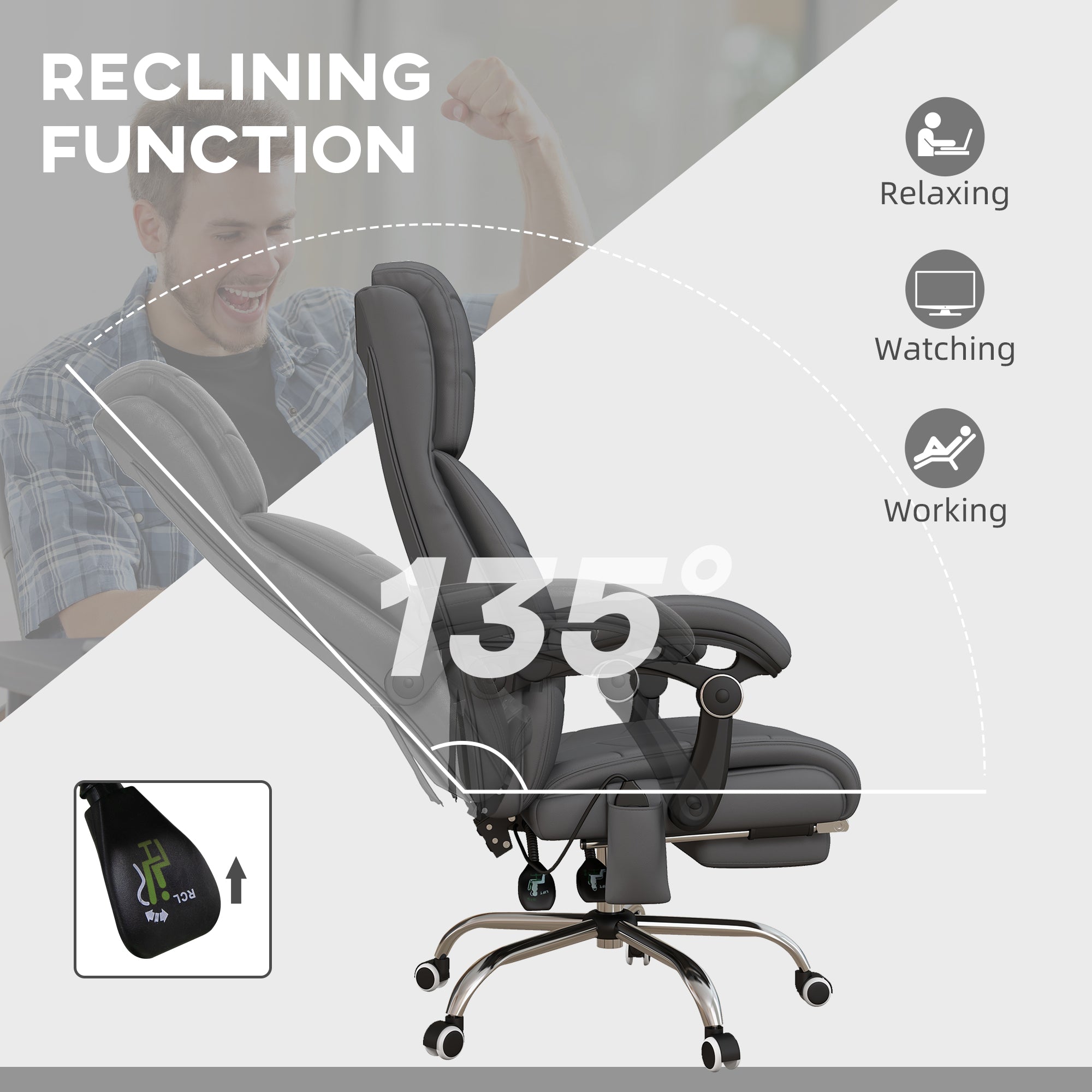 Vinsetto High Back Vibration Massage Office Chair, Heated Reclining PU Leather Computer Chair with Footrest, Grey - anydaydirect