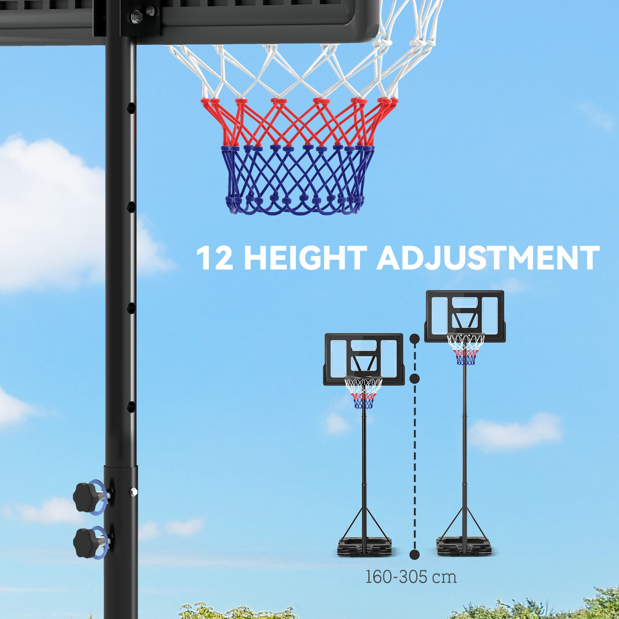 SPORTNOW 2.3-3.05m Basketball Hoop and Stand, with Weighted Base, Wheels, Black - anydaydirect