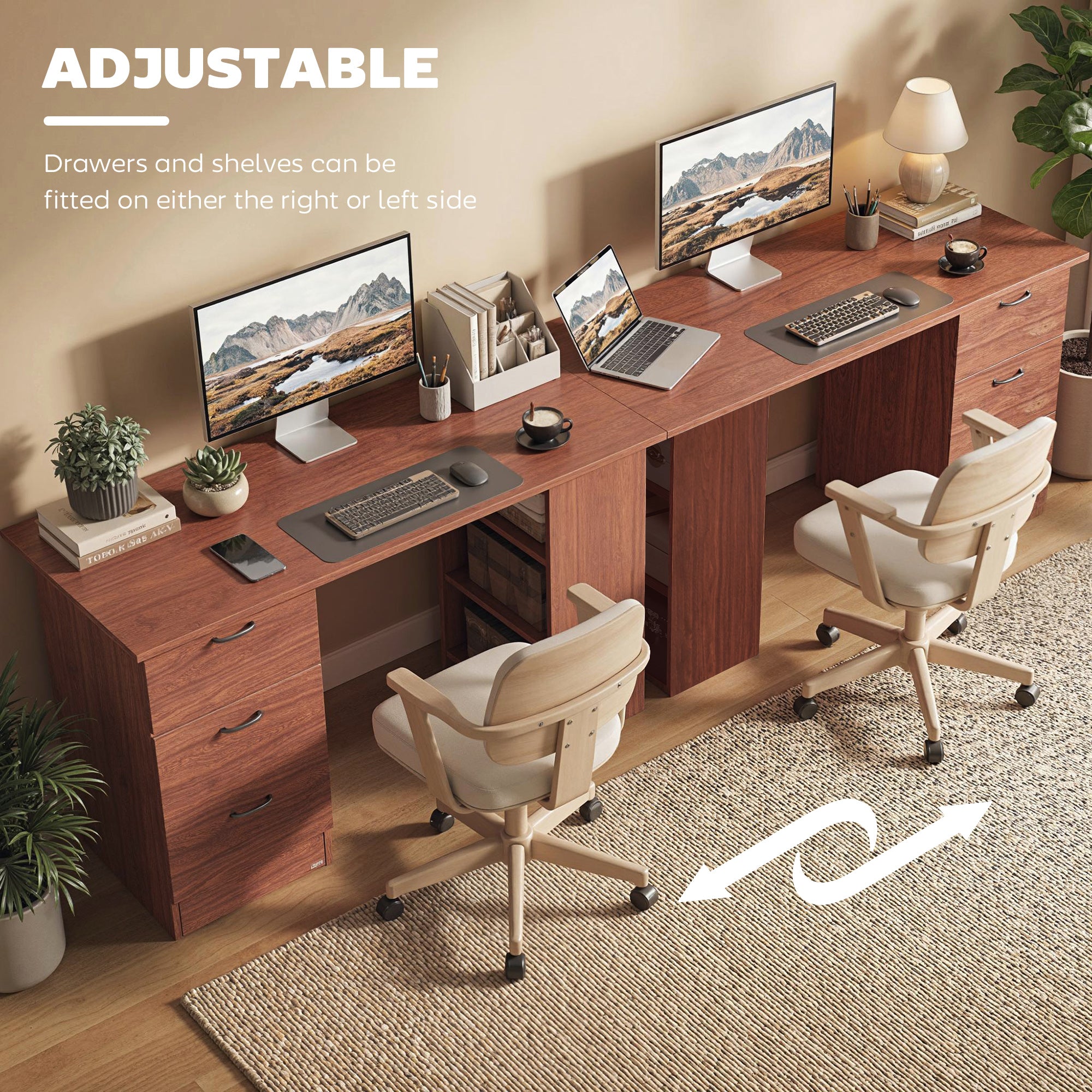 HOMCOM Computer Desk, Writing Table, PC Workstation with 3 Storage Shelves and Drawers, Handle, for Home Office, Walnut Brown - anydaydirect
