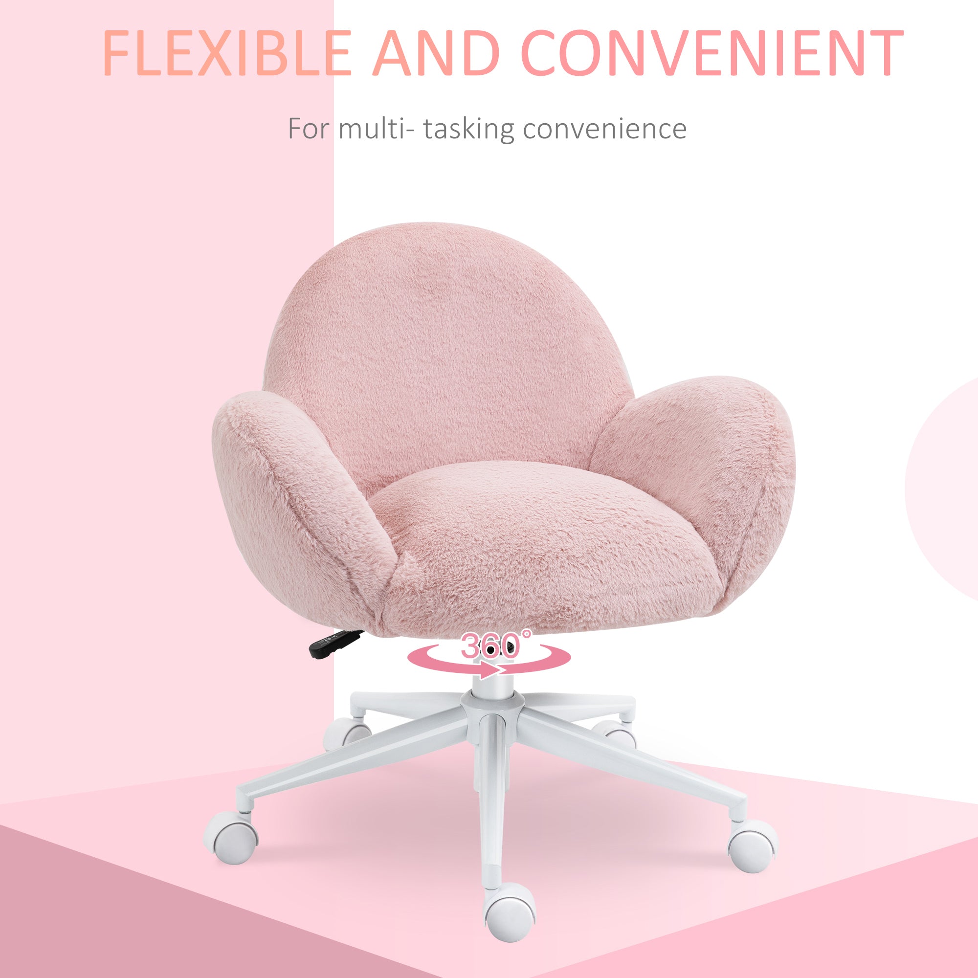 HOMCOM Makeup Vanity Chair, Cute Fluffy Desk Chair with Rolling Wheels for Bedroom Living Room, Pink - anydaydirect
