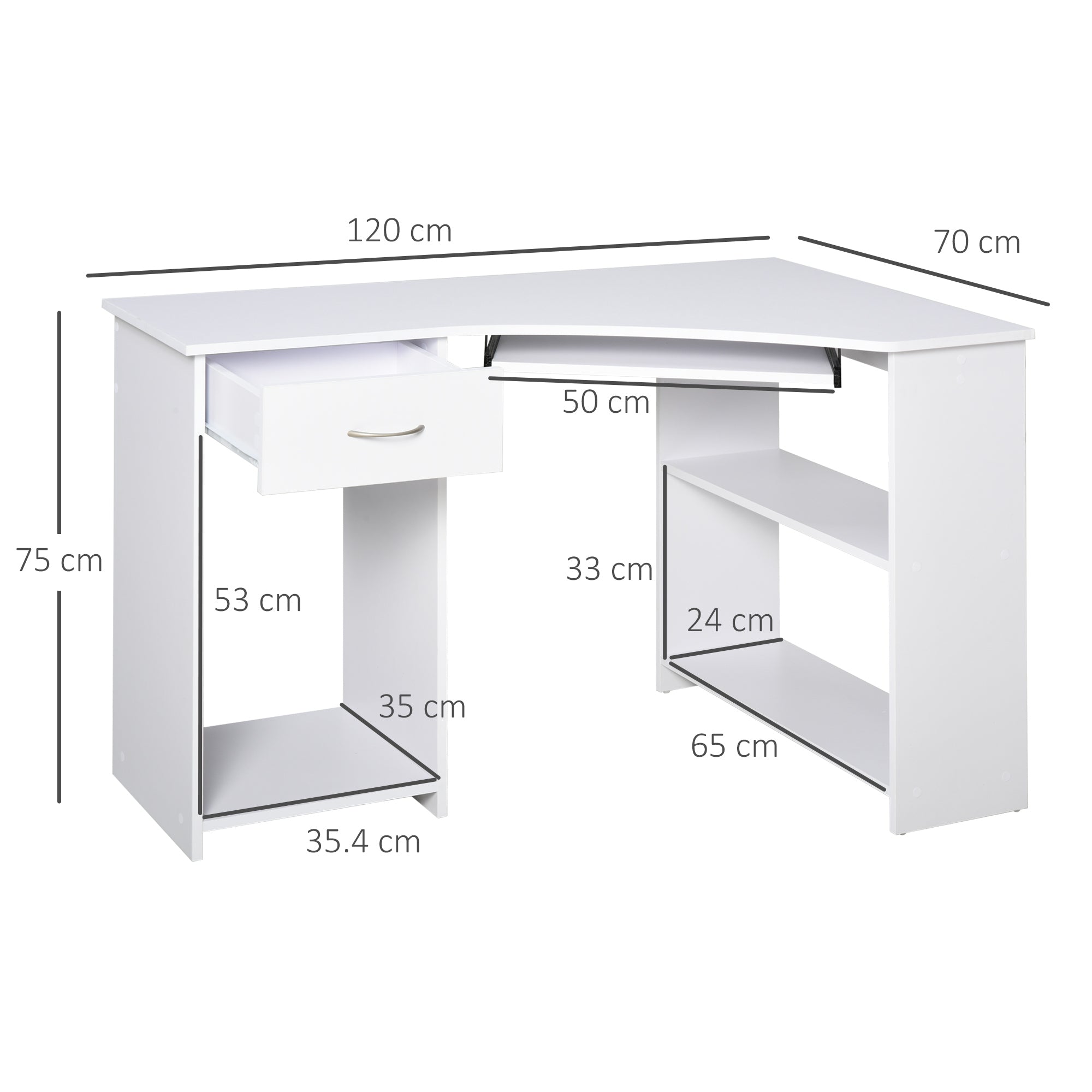 HOMCOM L-Shaped Corner Computer Desk w/ 2 Shelves Wide Worktop Keyboard Tray Drawer & CPU Stand Home Office Study Bedroom Furniture White - anydaydirect