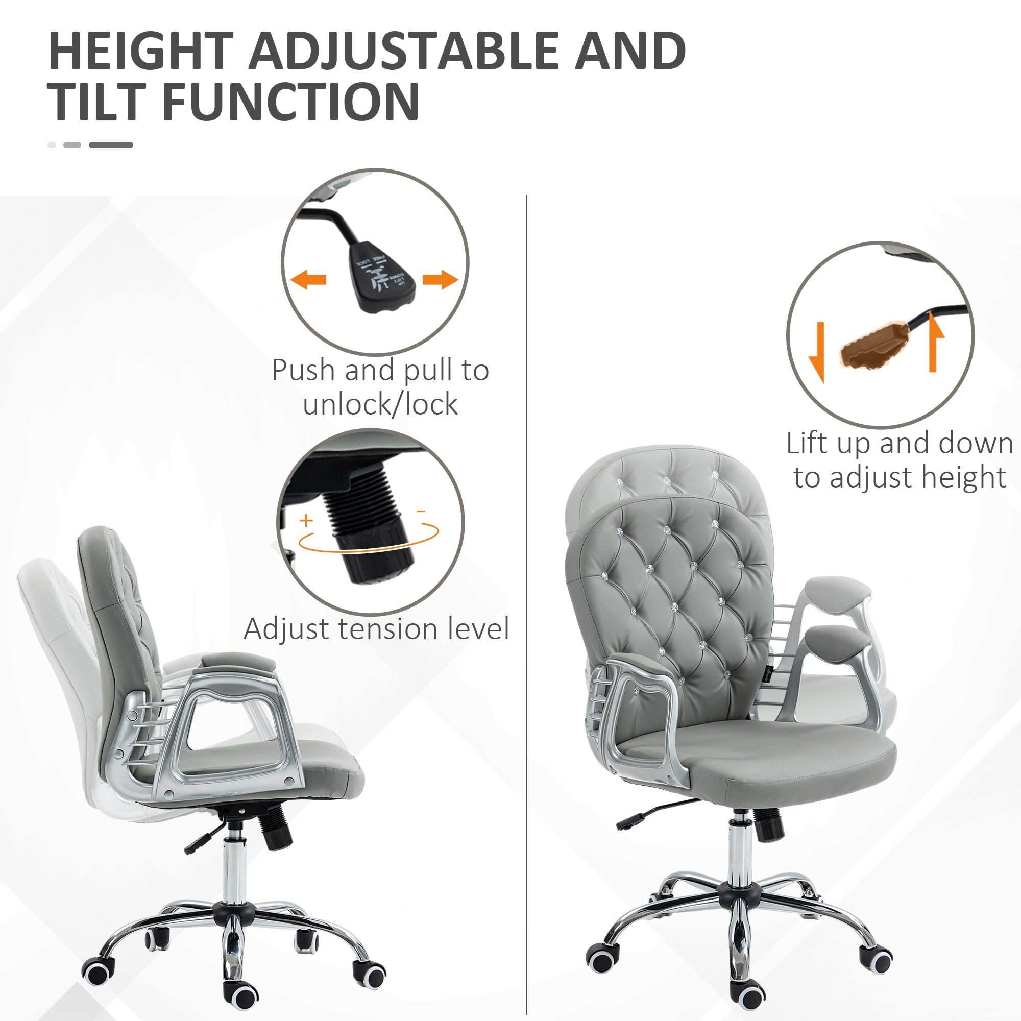 Vinsetto Office Chair Ergonomic 360° Swivel PU Diamante Padded Base 5 Castor Wheels for Home Work Grey - anydaydirect