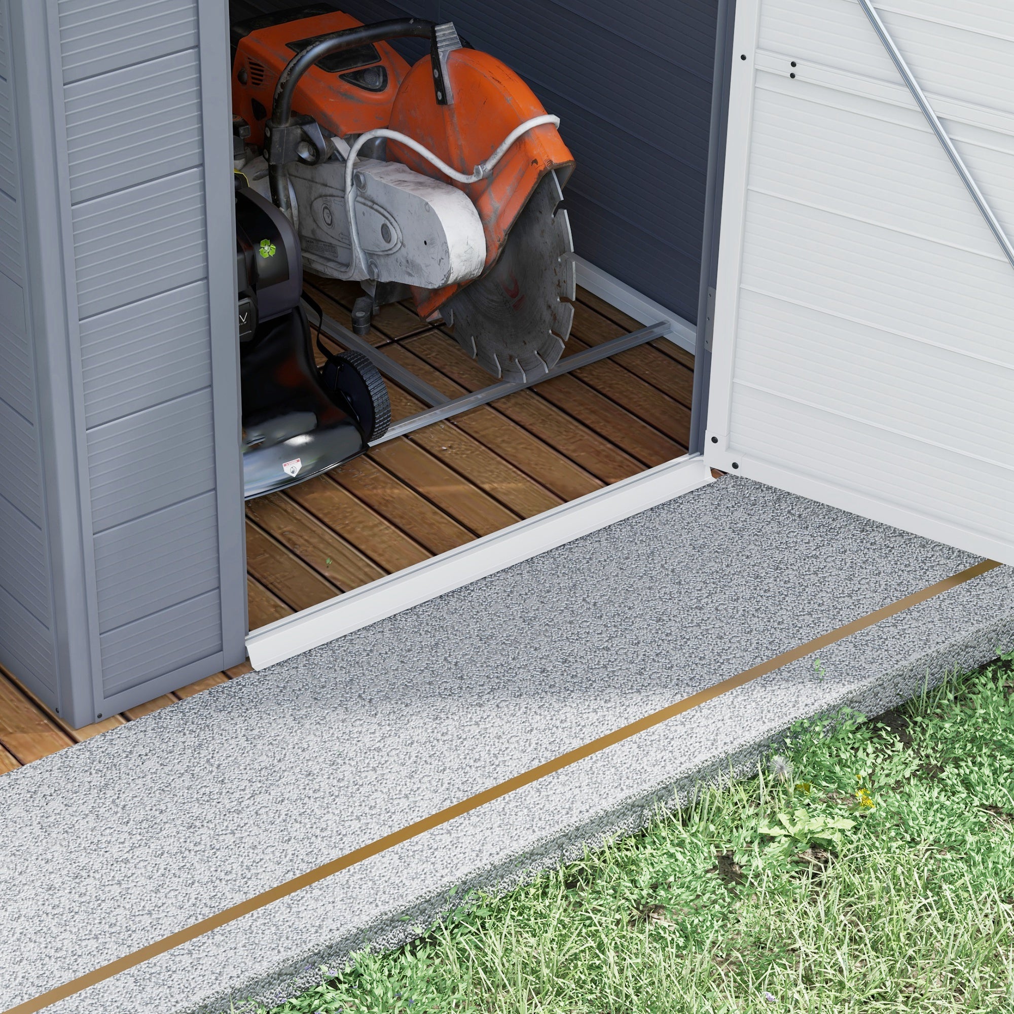 Outsunny 4 x 6ft Garden Shed with Foundation Kit, Polypropylene Outdoor Storage Tool House with Ventilation Slots and Lockable Door, Grey - anydaydirect