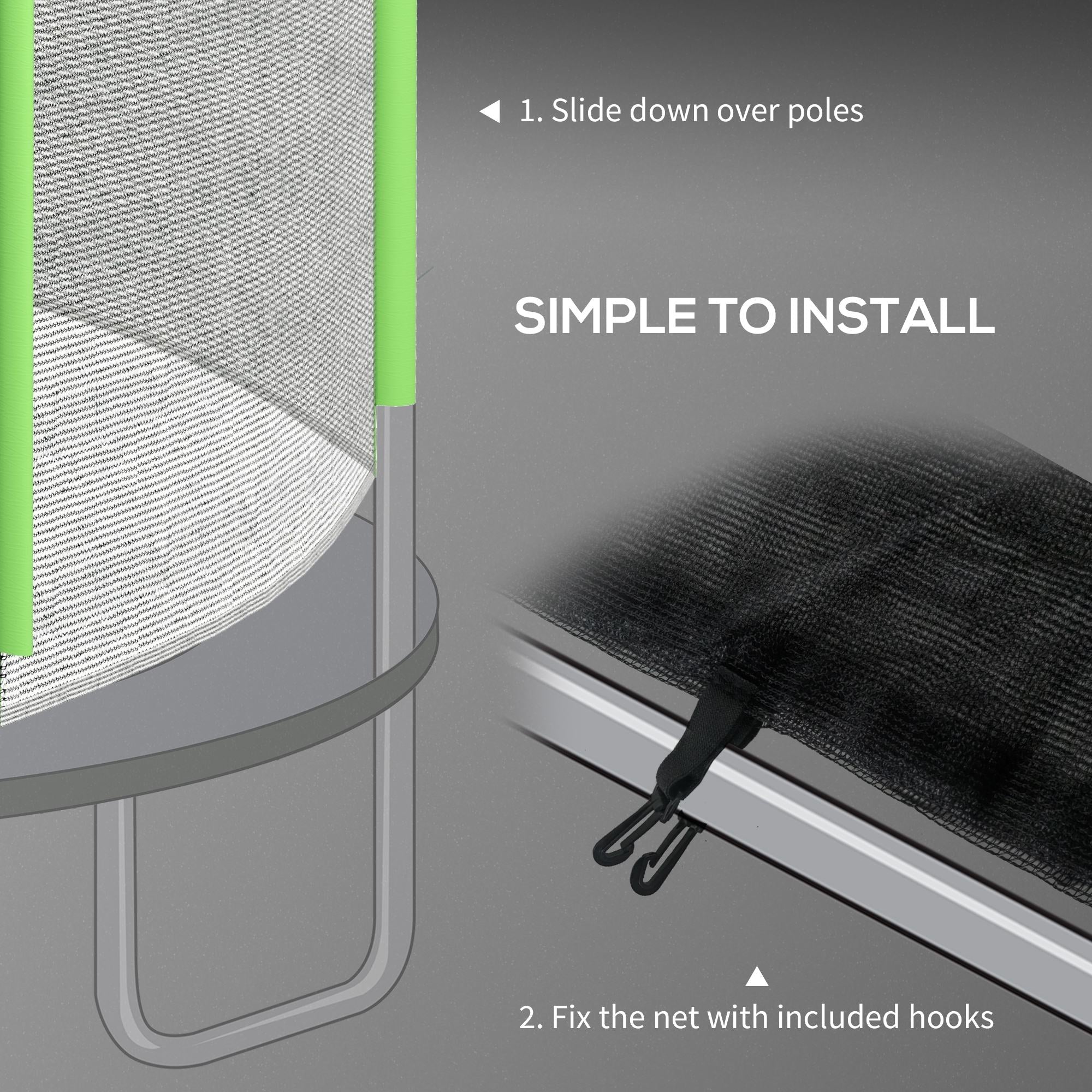 SPORTNOW 10ft Trampoline Net Replacement with 6 Plastic Pole Covers, Weather-Resistant Trampoline Netting Replacement with Zipped Entrance, Poles Not Included, Green - anydaydirect
