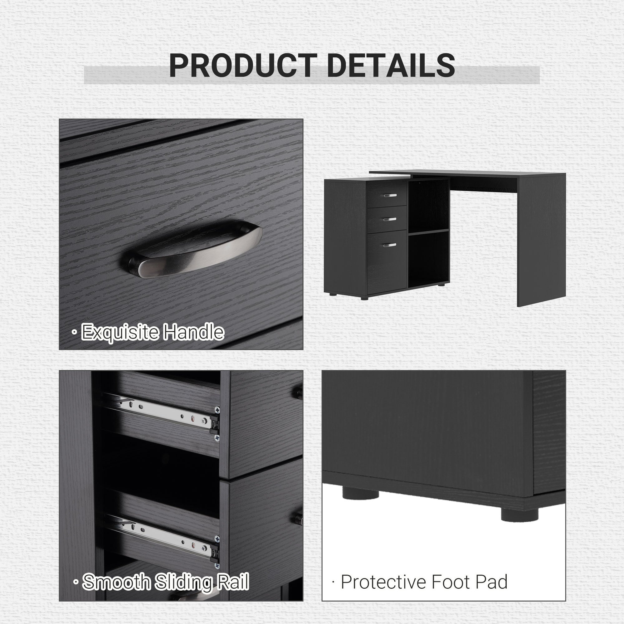 HOMCOM L Shaped Computer Desk, Reversible Home Office Desk with Drawers, File Cabinet and Storage Shelves, Study Table, 117 x 83.5 x 76cm, Black - anydaydirect
