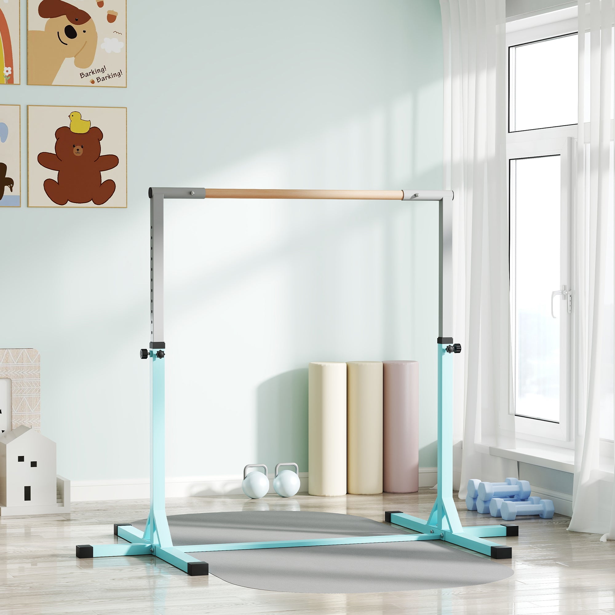 HOMCOM Height Adjustable Gymnastics Horizontal Bar for Kids, Children Junior Kip High Bar Fitness, Light Blue - anydaydirect