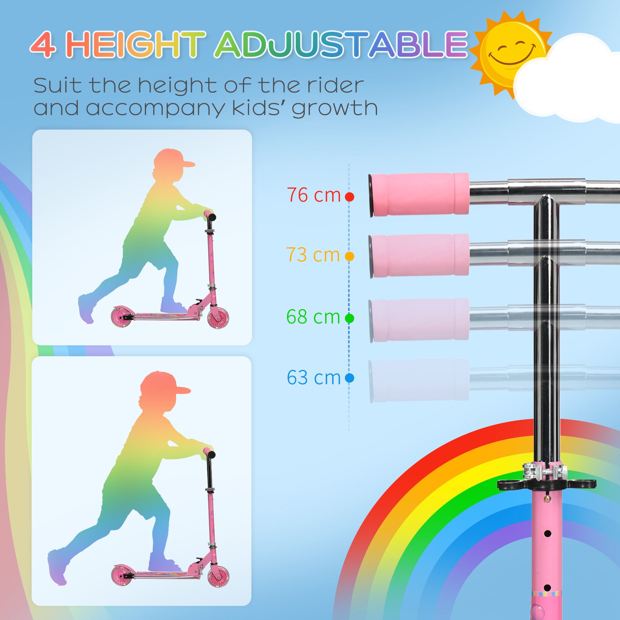HOMCOM Kids Scooter with LED Wheels, Adjustable Height, Folding Design, Lights & Music, for Ages 3-7, Pink - anydaydirect