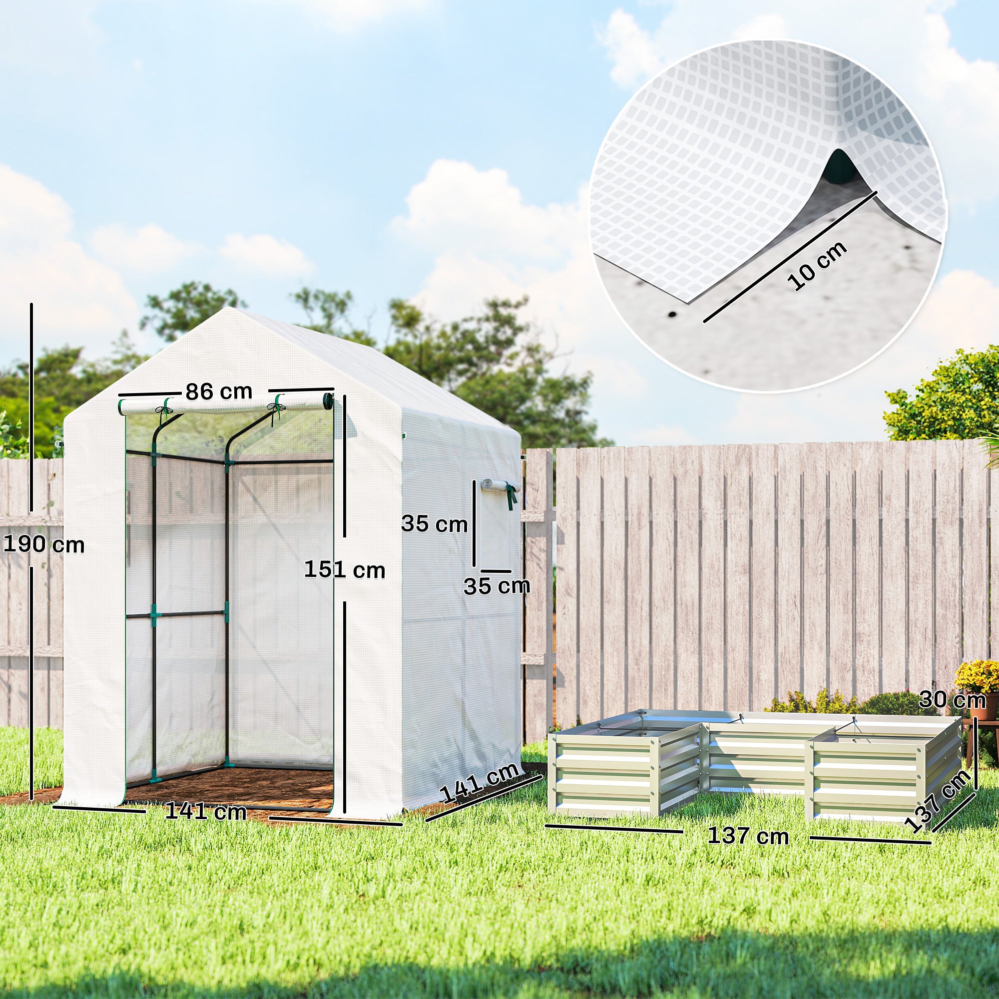 Outsunny Small Greenhouse with Raised Garden Bed, Galvanised Walk-in Greenhouse with Roll Up Windows, 141 x 141 x 190 cm, White - anydaydirect