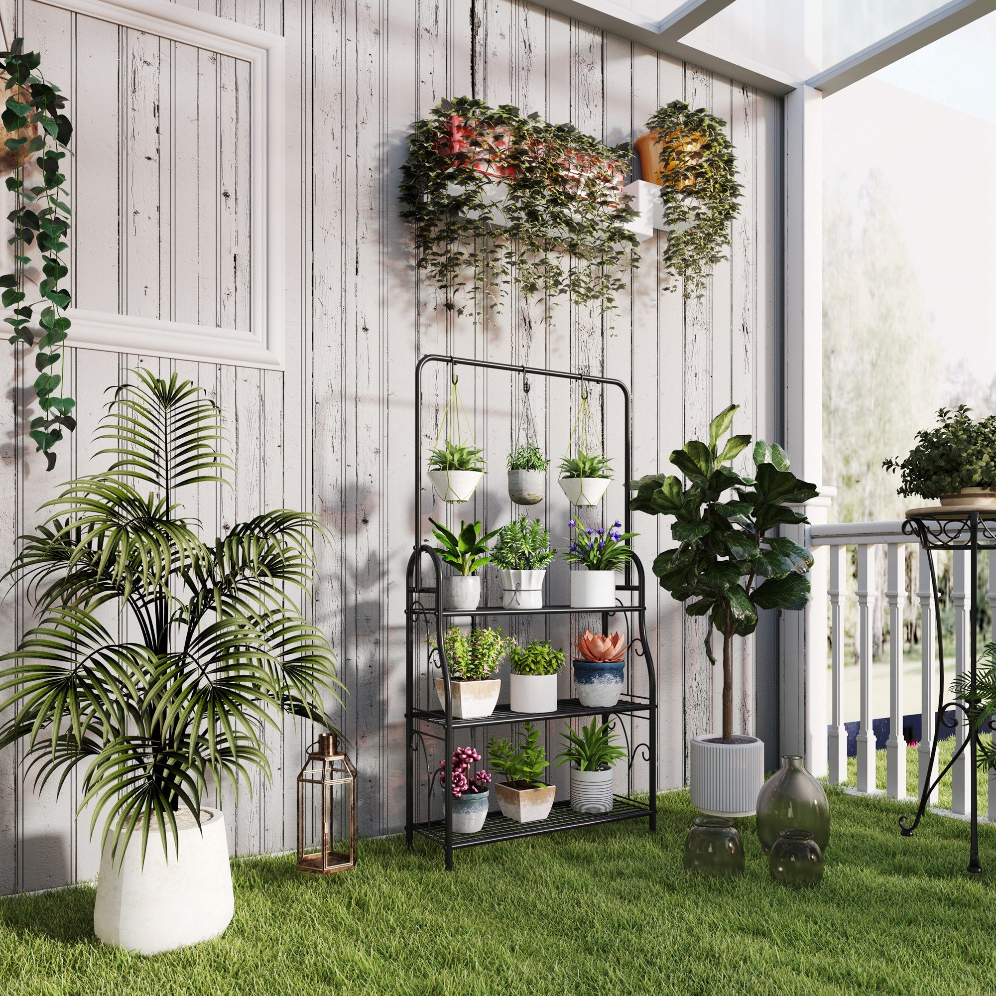 outdoor plant hanging rod Outsunny 3 Tier Plant Stand with Hanging Rod and Hooks, Metal Plant Ra – anydaydirect