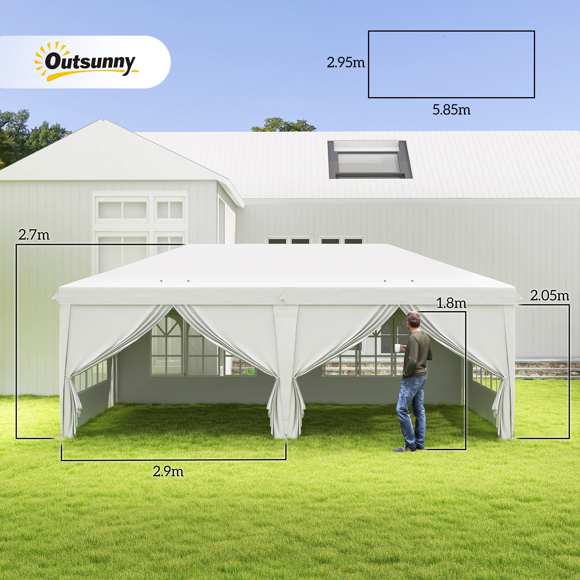 Outsunny 3 x 6 m Pop Up Gazebo with Sides and Windows, Height Adjustable Wedding Camping Party Tent Canopy Marquee with Storage Bag for Garden, Event, White - anydaydirect