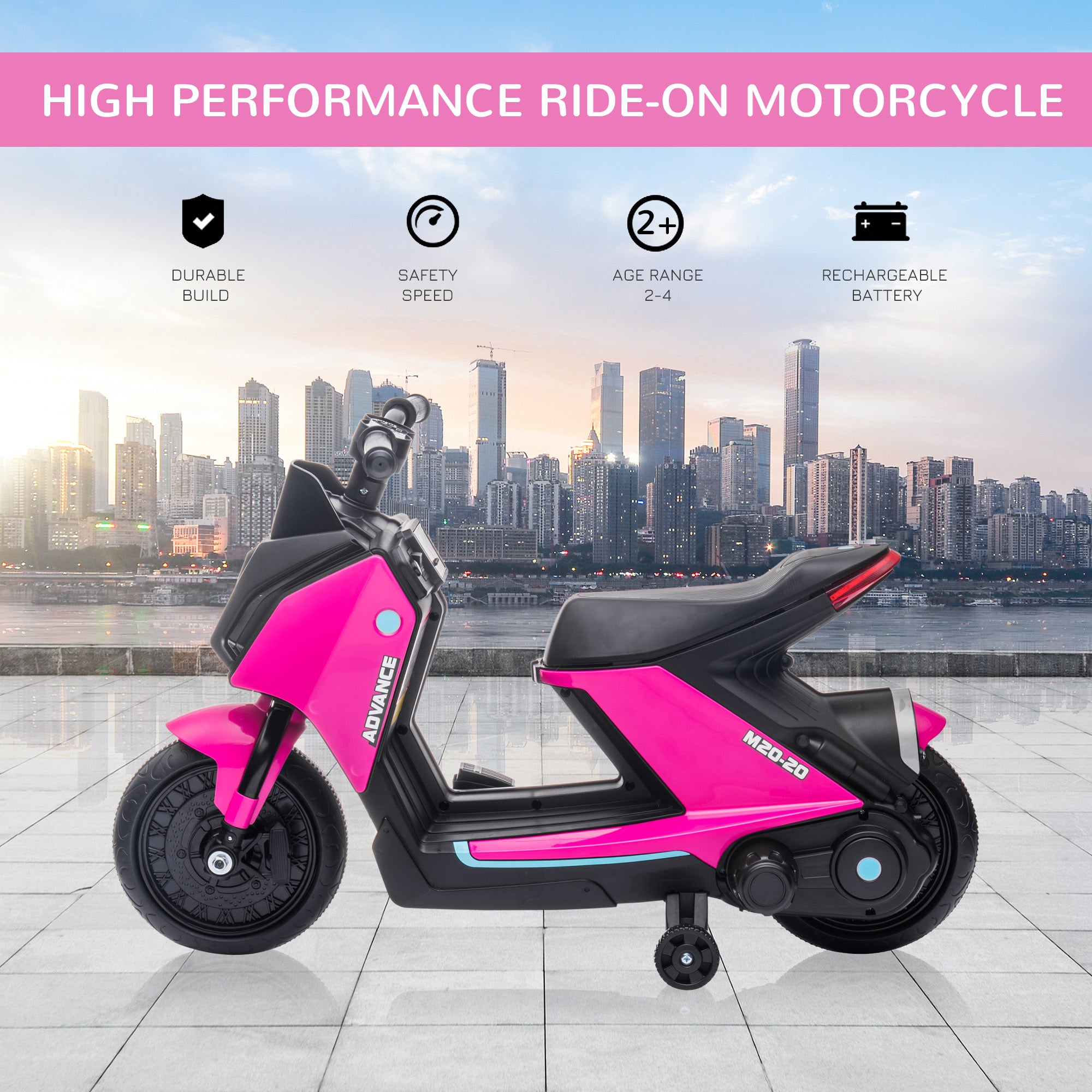 HOMCOM 6V Kids Electric Motorbike Ride On Toy w/ Music Headlights Safety Training Wheels for Girls Boy 2-4 Years Pink - anydaydirect