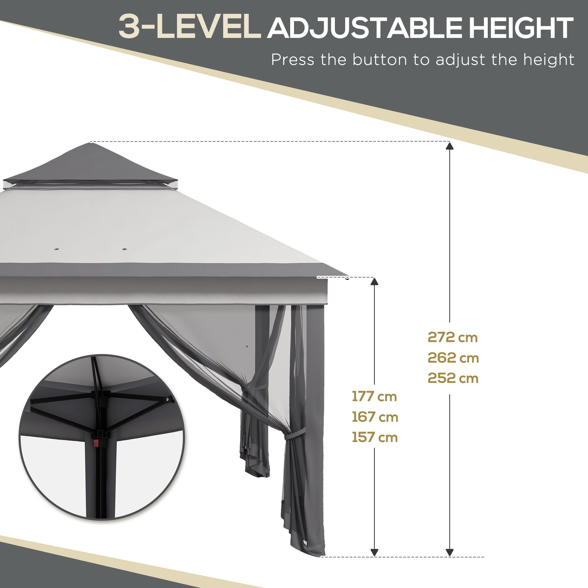 Outsunny 3 x 3(m) Pop Up Gazebo, Height Adjustable Instant Event Shelter with Netting and Carrying Bag, Grey - anydaydirect
