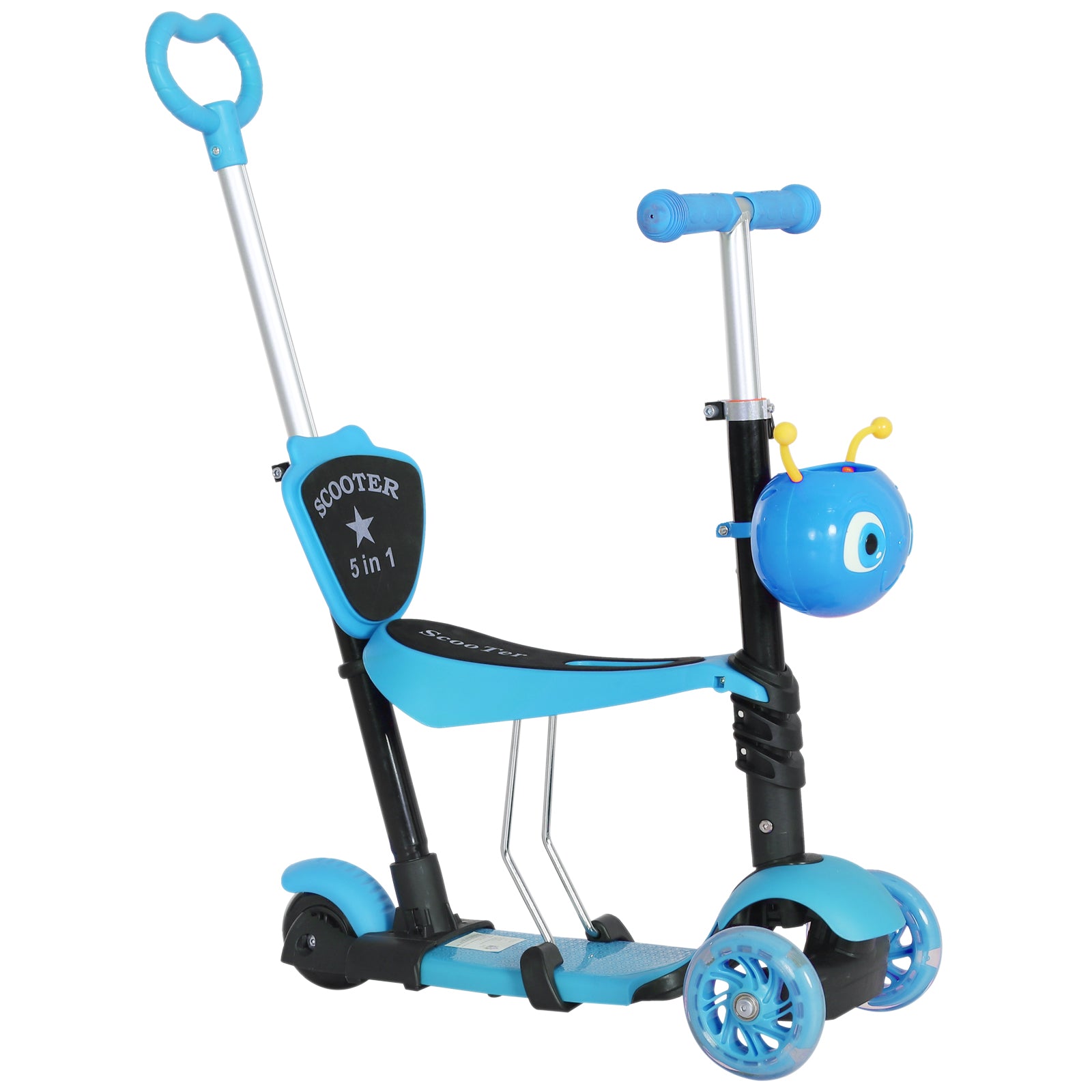 HOMCOM 5-in-1 Kids Toddler 3 Wheels Mini Kick Scooter Push Walker with Removable Seat & Back Rest for Girls and Boys Blue - anydaydirect