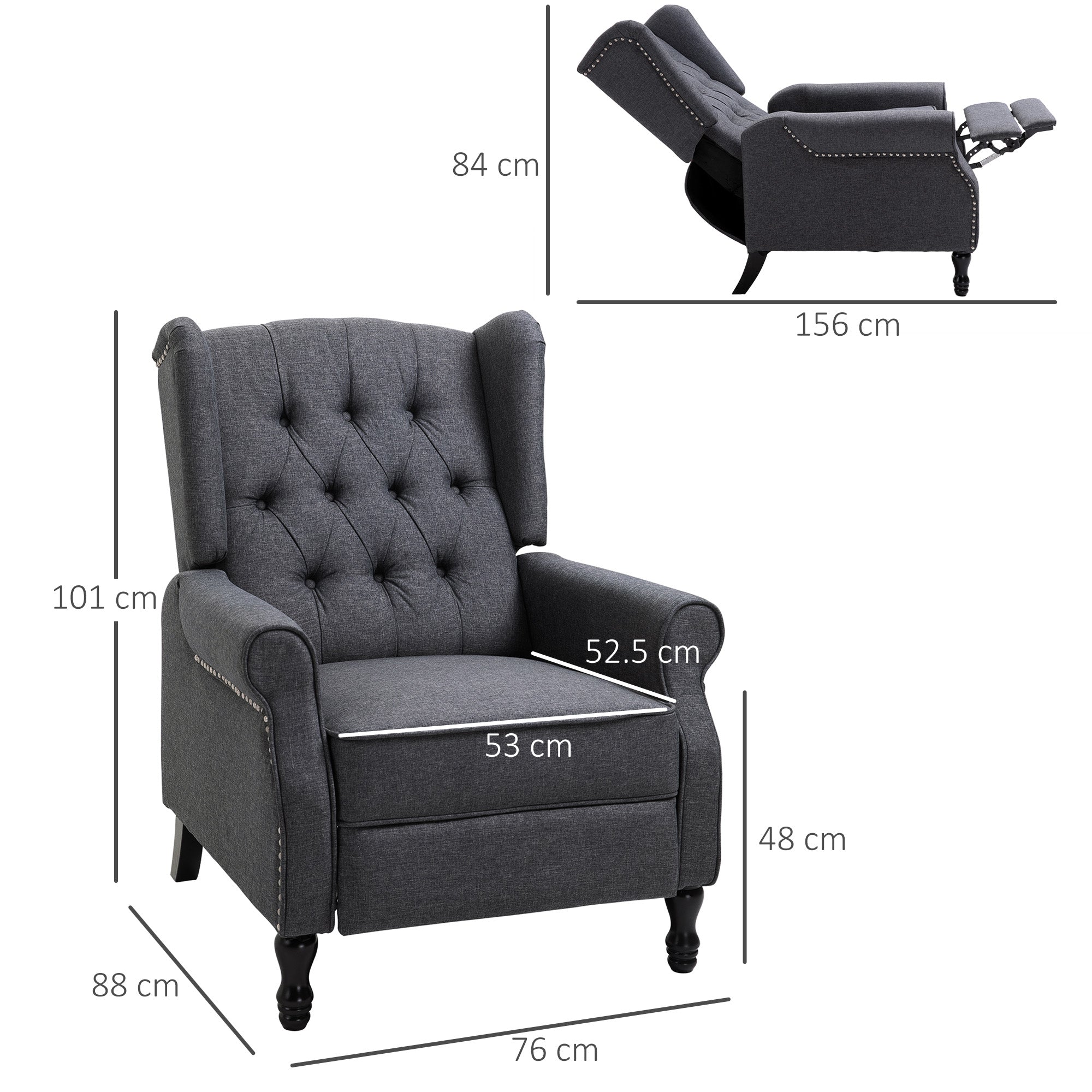 HOMCOM Recliner Armchair, Vintage Reclining Chair with Nail Head Trim, Wingback Chair with Button Tufted Back and Footrest, for Living Room, Dark Grey - anydaydirect