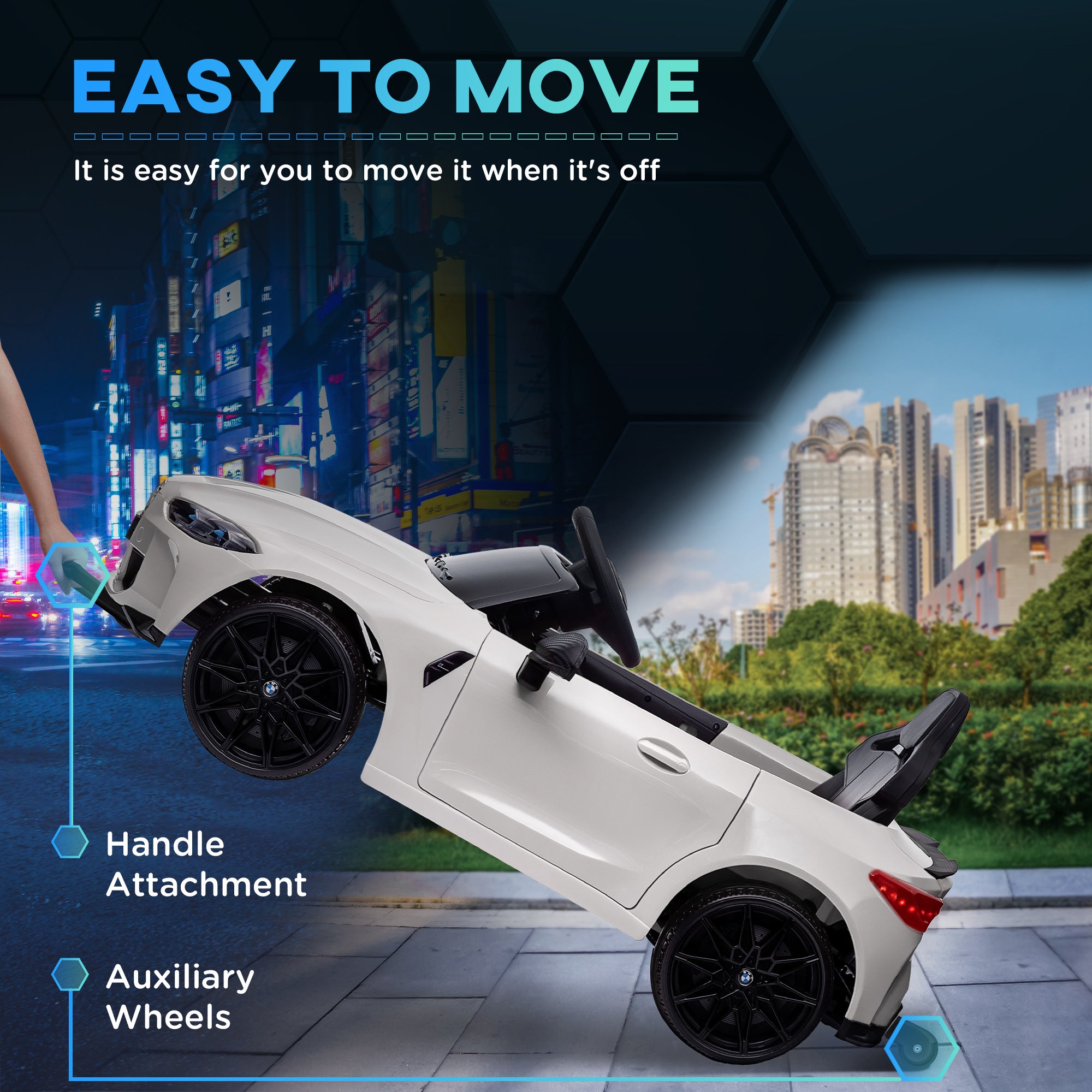 AIYAPLAY 12V BMW M4 Licensed Kids Car with Easy Transport, Remote Control, Suspension, Music, Horn, LED Lights - White - anydaydirect