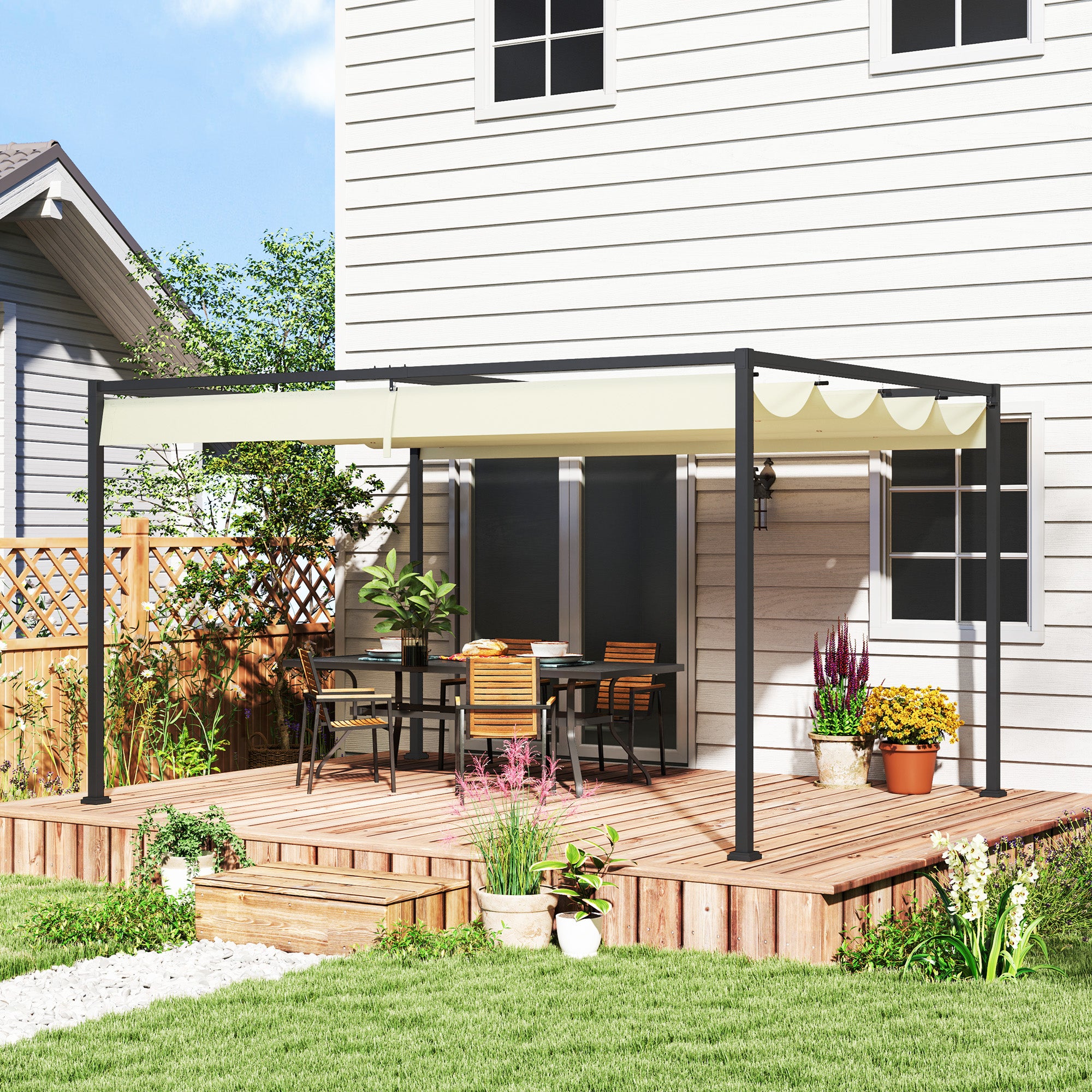 Outsunny 4 x 3(m) Metal Pergola with Retractable Roof, Garden Gazebo Canopy Shelter for Outdoor, Patio, Cream White - anydaydirect