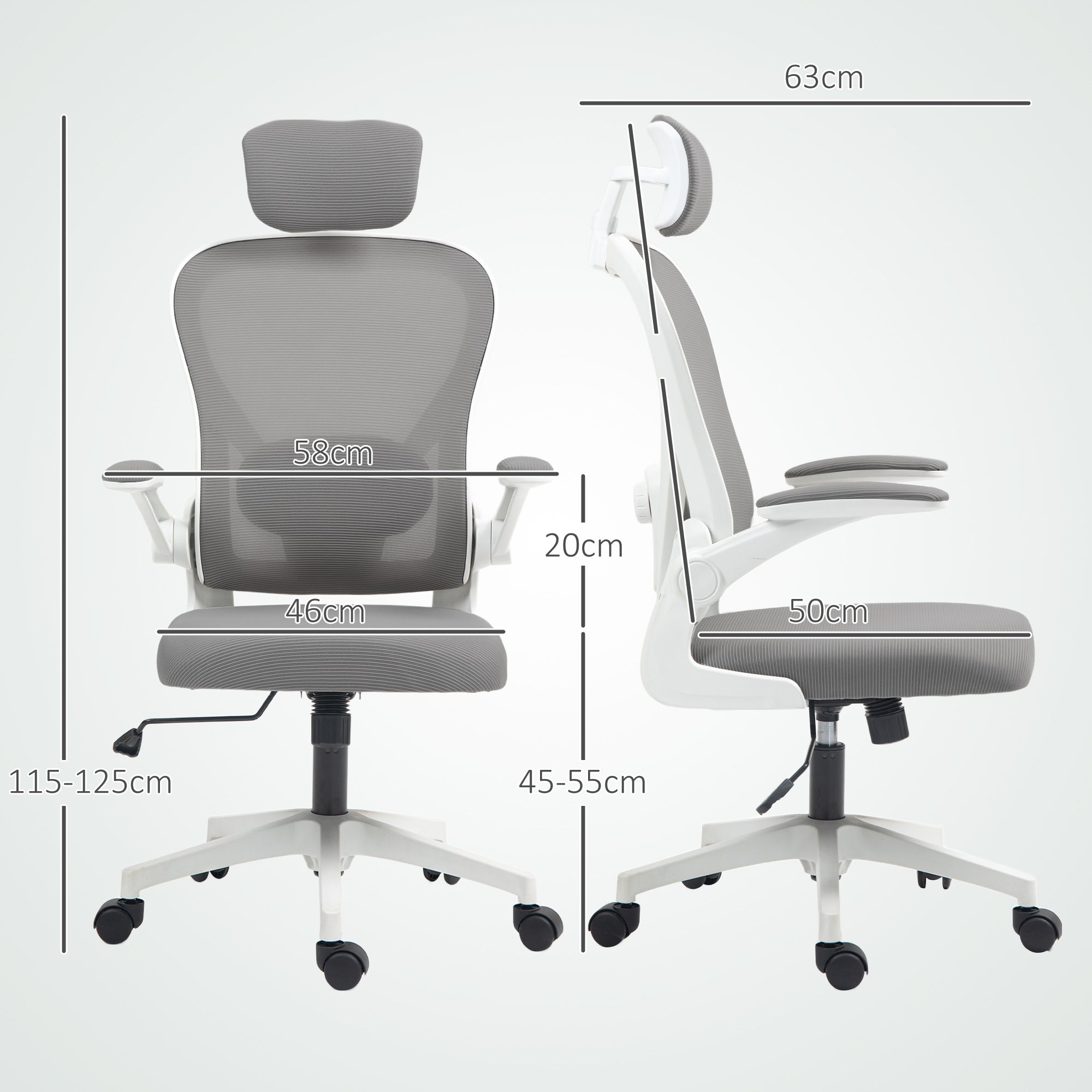 HOMCOM Executive Office Chair, Ergonomic Mesh High Back Desk Chair with Flip-up Armrest, Rotatable Headrest, Adjustable Lumbar Support for Home Study, Grey - anydaydirect