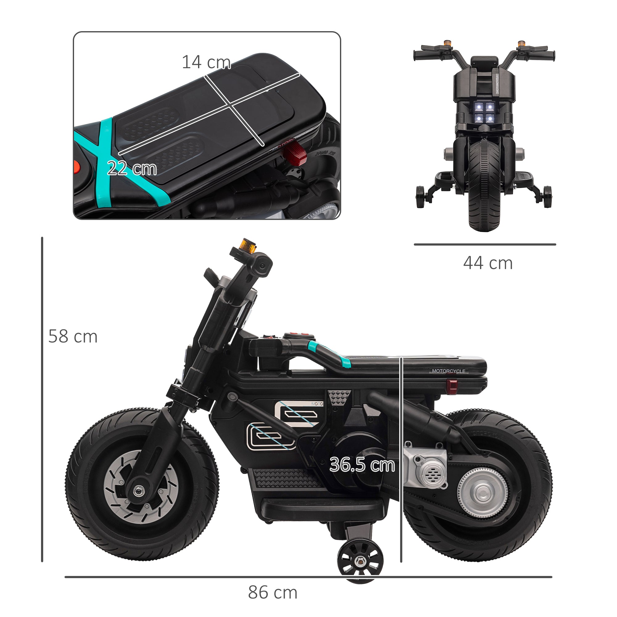 HOMCOM Kids Electric Motorbike with Siren, Horn, Headlights, Music, Training Wheels, for Ages 3-5 Years - Black - anydaydirect