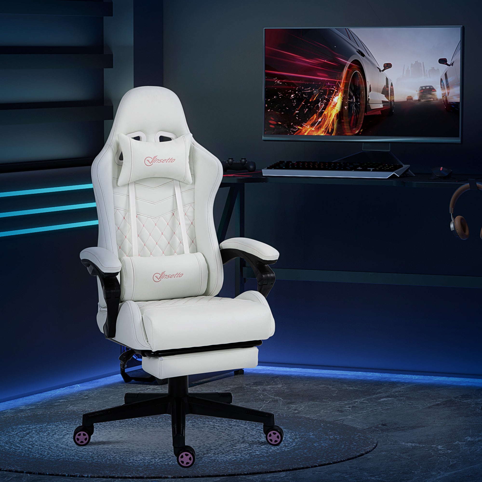 Vinsetto Computer Gaming Chair with Footrest, Video Gaming Chair for Adults with 130° Reclining Back, Desk Chair with Lumbar Support and Adjustable Height, White - anydaydirect