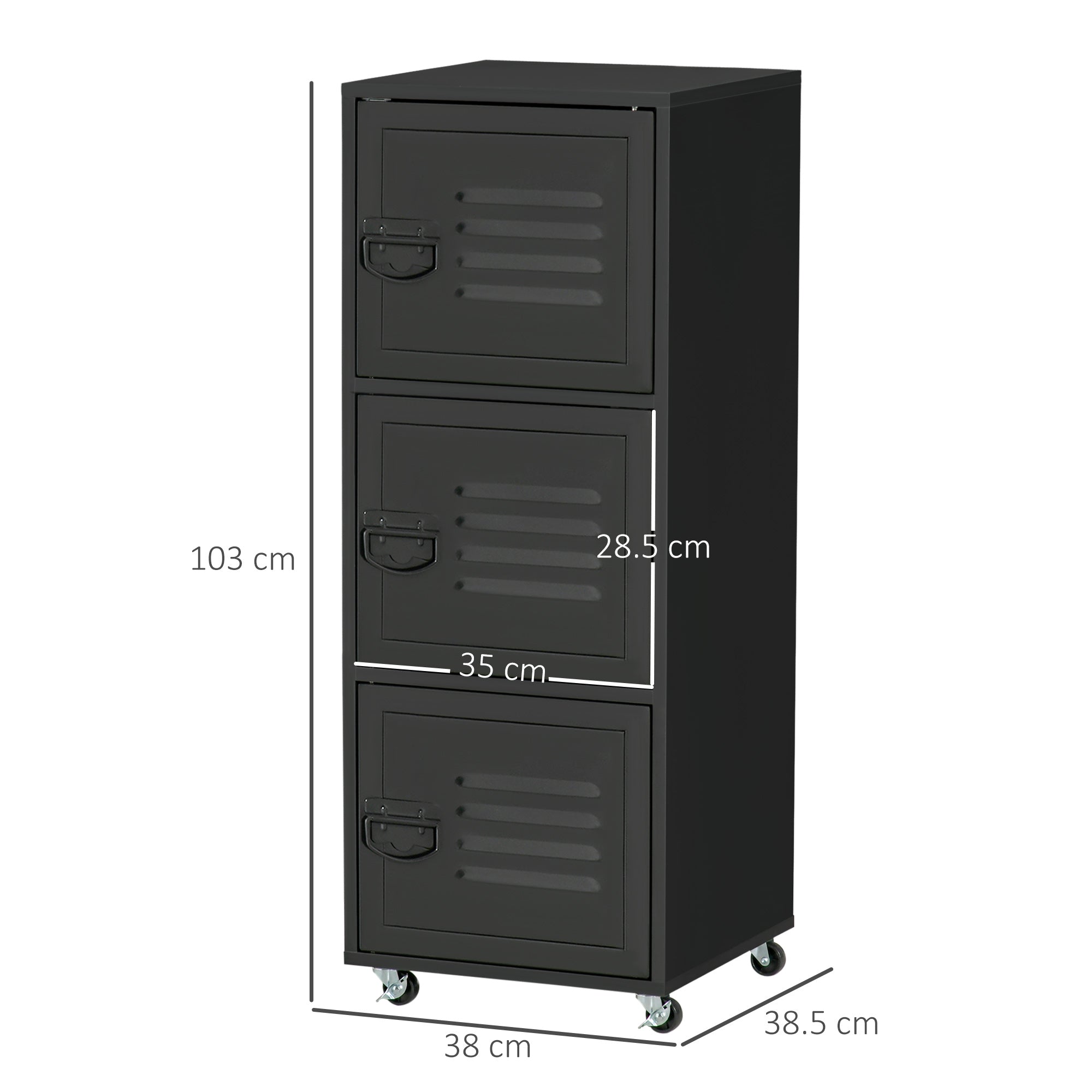 HOMCOM Rolling Storage Cabinet 3-Tier Mobile File Cabinet with Wheels & Metal Doors for Home Office, Living Room, Black - anydaydirect