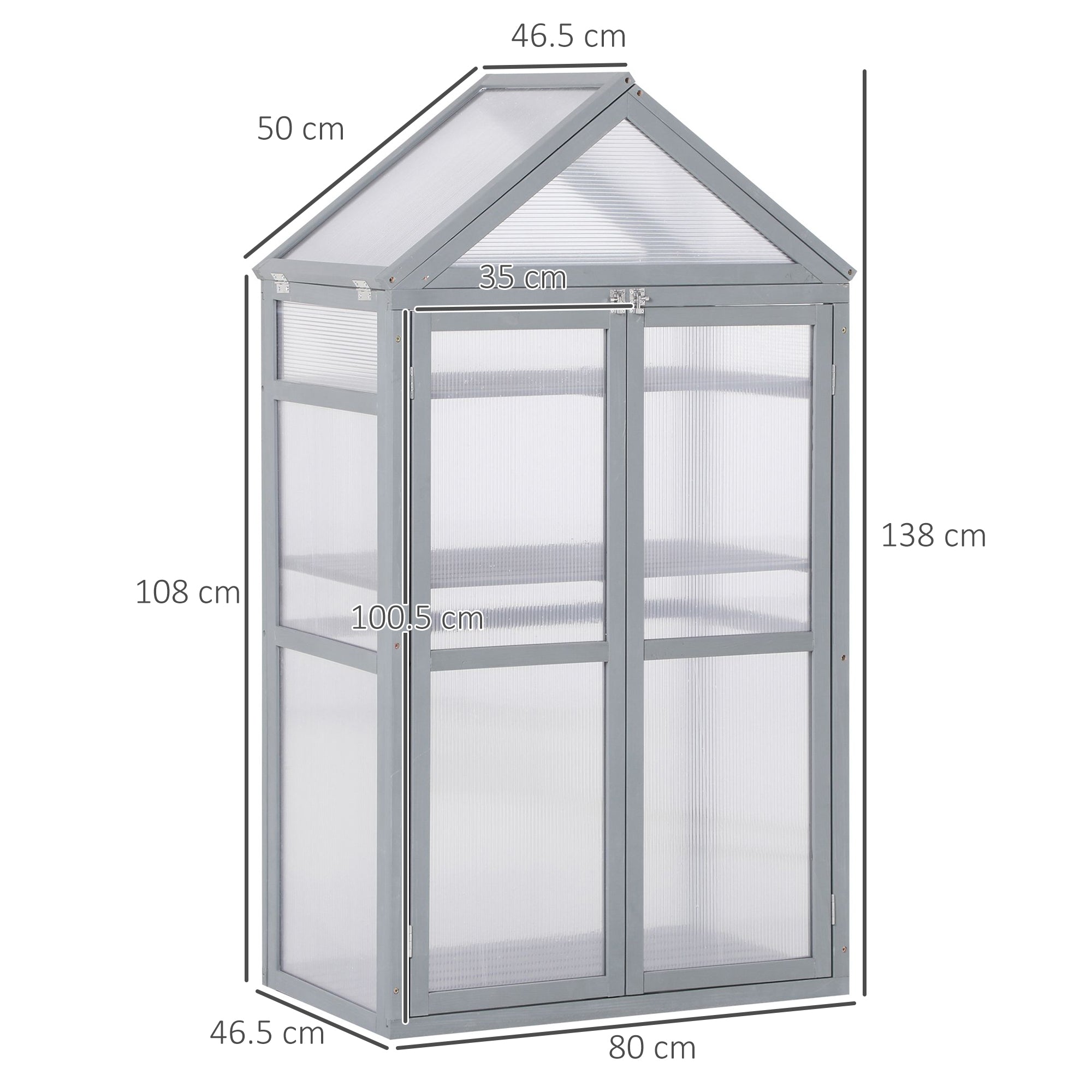 Outsunny Garden Cold Frame Polycarbonate Greenhouse with Adjustable Shelves, Double Doors, Openable Top Covers, Grow House for Flower Vegetable Plants, 80 x 47 x 138cm, Grey - anydaydirect