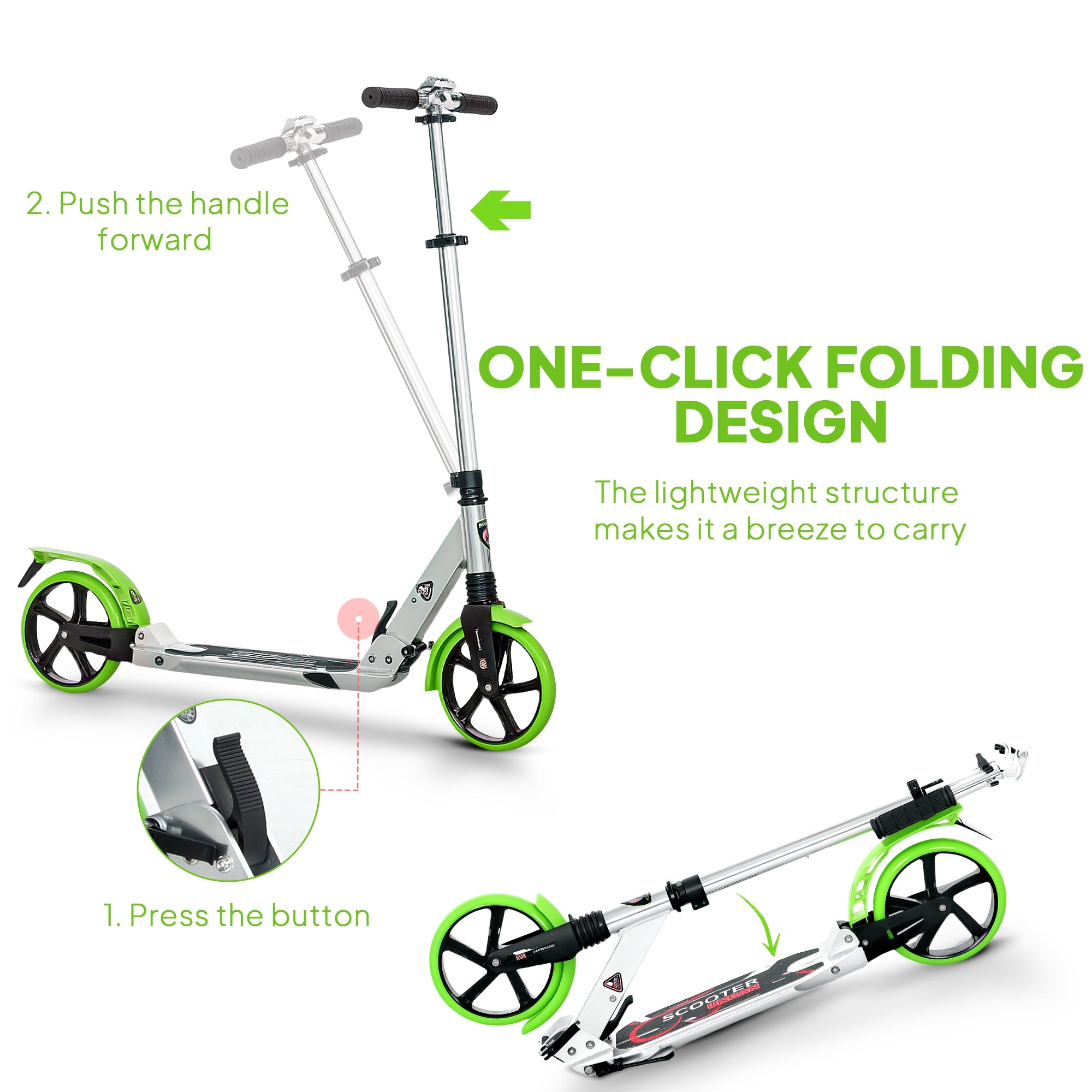 HOMCOM Folding Kick Scooter, Adjustable Ride On Scooter with 200mm Big Wheels and Double Shock Absorption, Urban Scooter for 14+ Teens Adult, Green - anydaydirect
