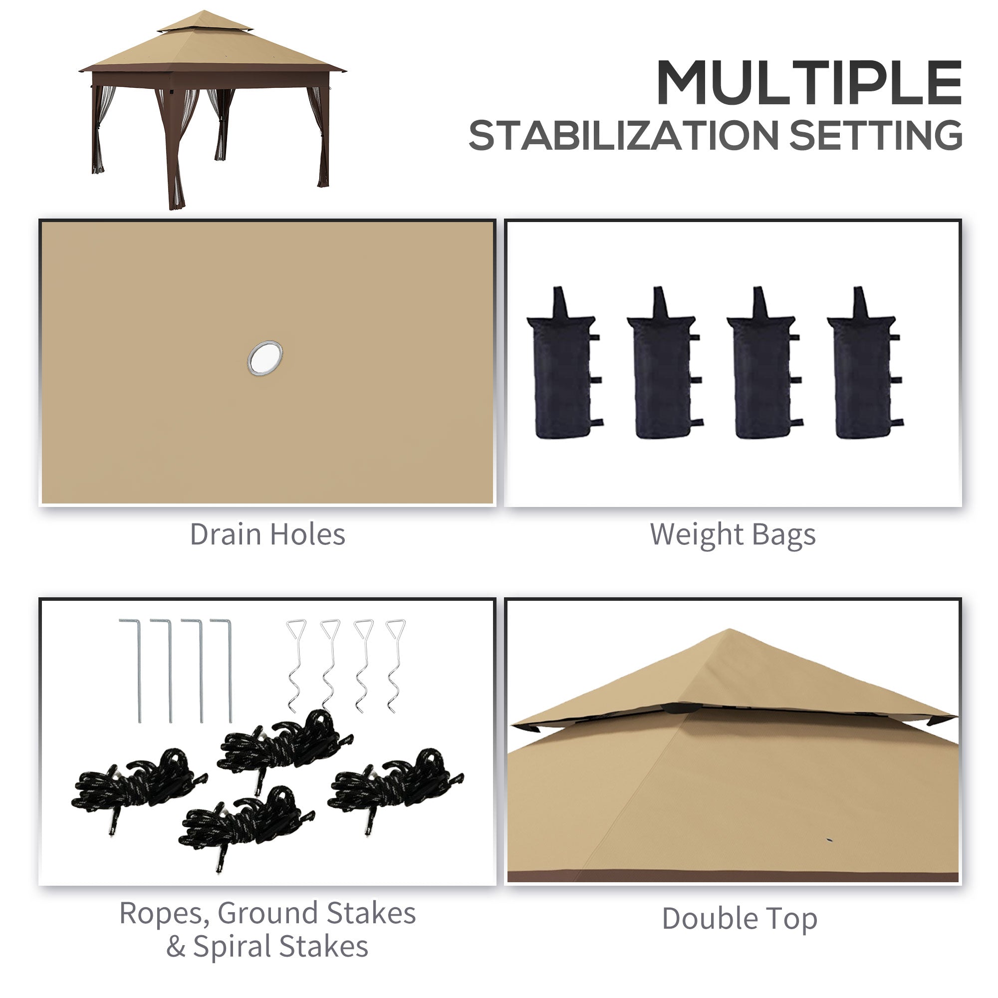 Outsunny 3 x 3(m) Pop Up Gazebo with Mosquito Netting, 1 Person Easy up Marquee Party Tent with 1-Button Push, Double Roof, Carry Bag, Sandbags, Height Adjustable Instant Shelter, Khaki - anydaydirect