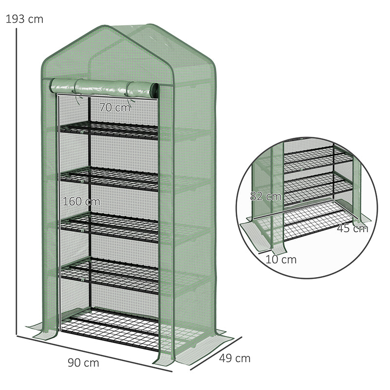 Outsunny 5 Tier Widened Mini Greenhouse with Reinforced PE Cover, Portable Indoor Outdoor Green House with Roll-up Door and Wire Shelves, 193H x 90W x 49Dcm, Green - anydaydirect
