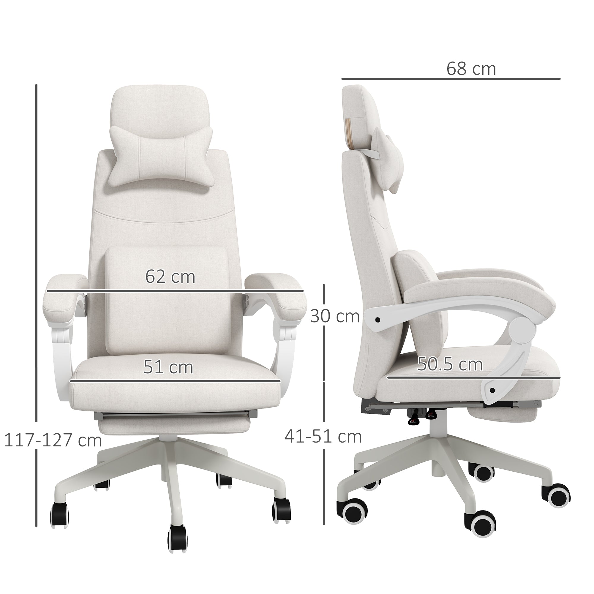 Vinsetto Linen-Look Office Chair, with 160° Reclining Back and Footrest - White - anydaydirect