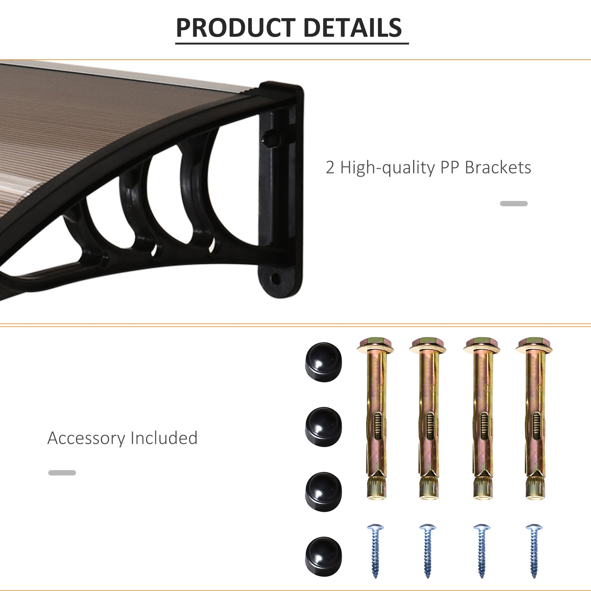 Outsunny Curved Window Door Canopy Aluminium Rigid Plastic Polycarbonate Fixed Outdoor Awning Modern Design UV Water Rain Resist 100 x 75cm Brown - anydaydirect