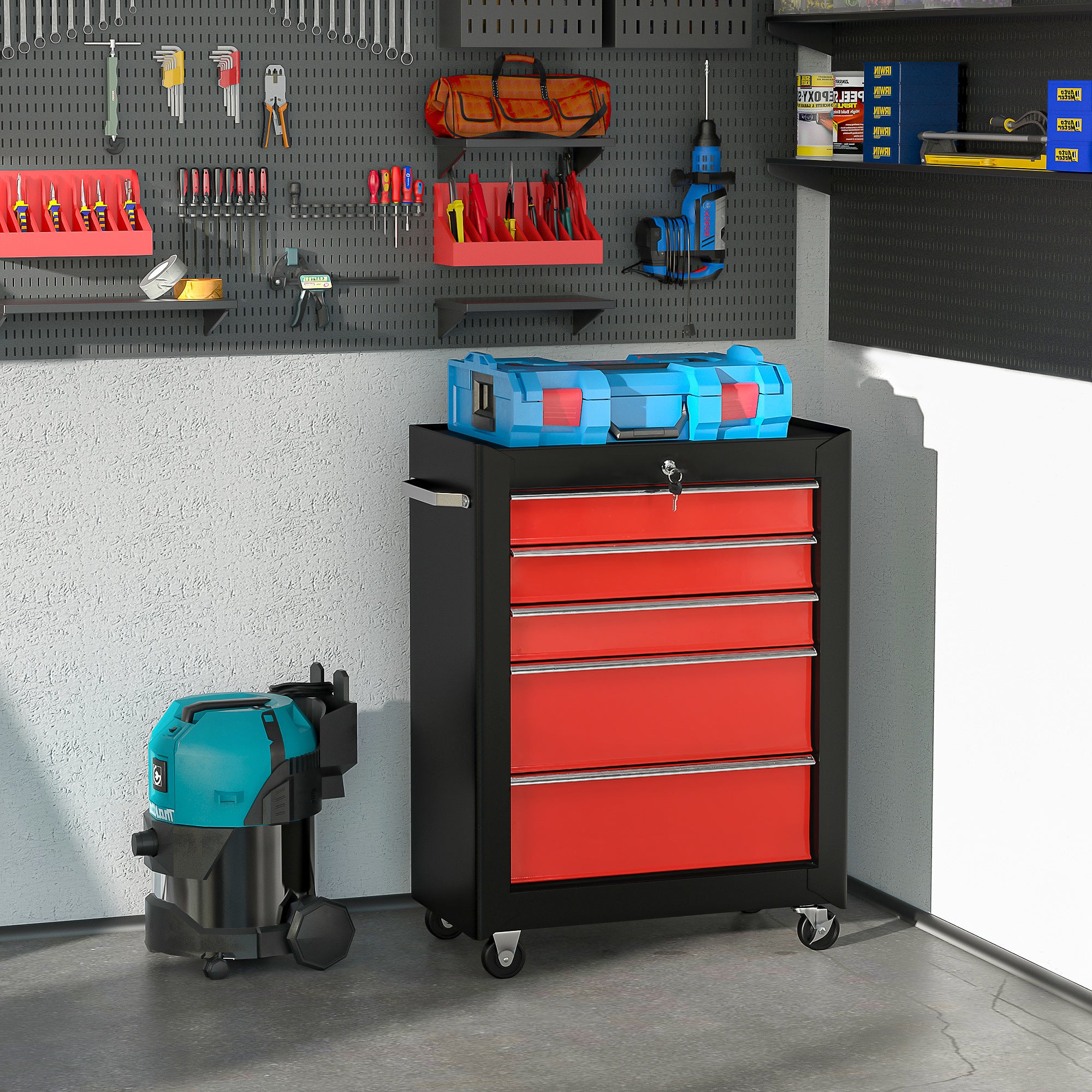 HOMCOM 5-Drawer Tool Chest, Lockable Steel Tool Storage Cabinet with Wheels and Handle Tool Box for Garage, Workshop, Red - anydaydirect