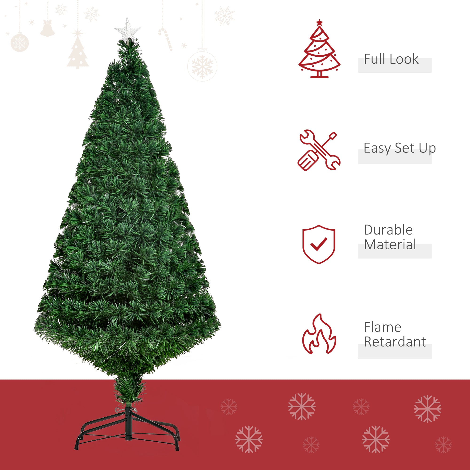 HOMCOM 5FT Green Fiber Optic Xmas Tree Pre-Lit Fibre Optic Artificial Christmas Tree Multi-Colour - anydaydirect