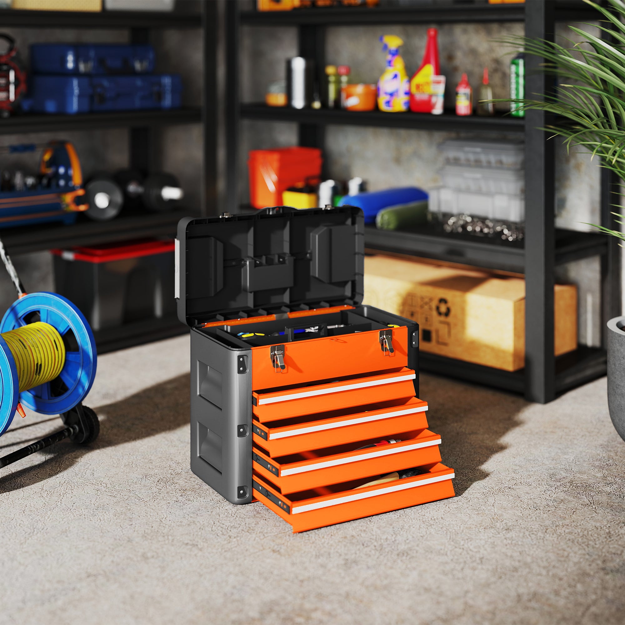 HOMCOM 4 Drawers Large Toolbox - Orange - anydaydirect