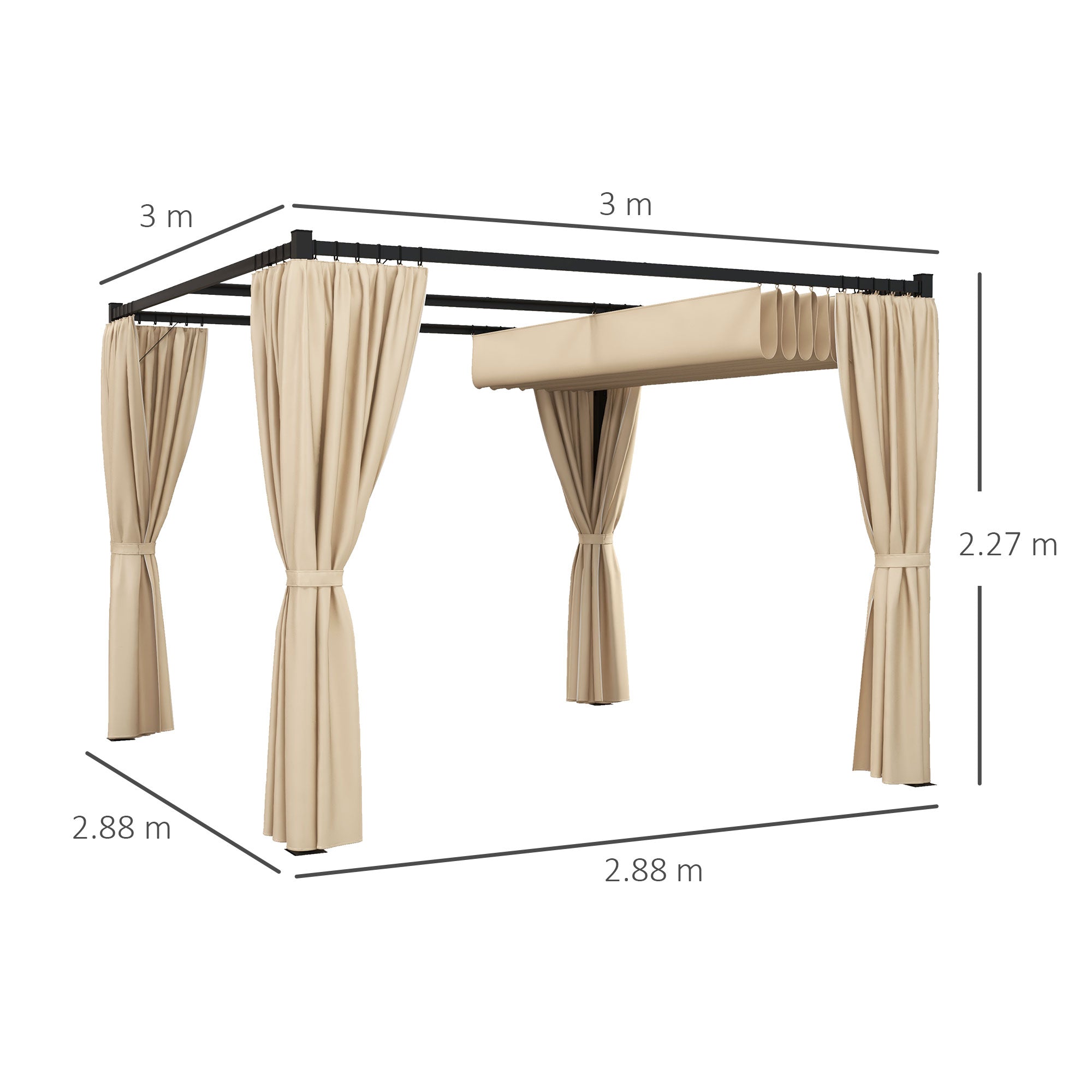 Outsunny 3 x 3(m) Retractable Pergola, Garden Gazebo Shelter with Curtains, for Grill, Patio, Deck, Beige - anydaydirect