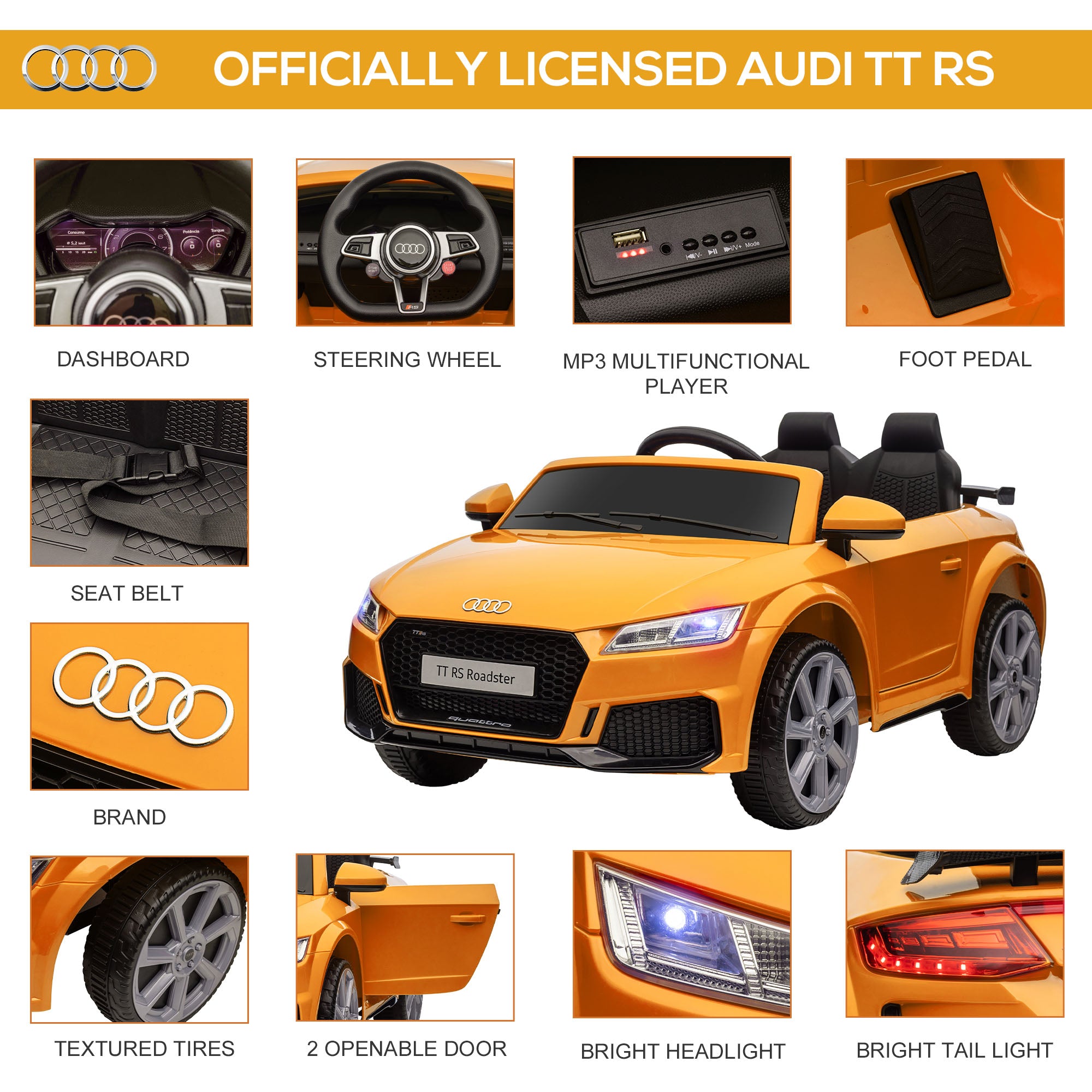 HOMCOM Kids Licensed Audi TT RS Ride-On Car 12V Battery w/ Remote Suspension Headlights and MP3 Player 3km/h Yellow - anydaydirect