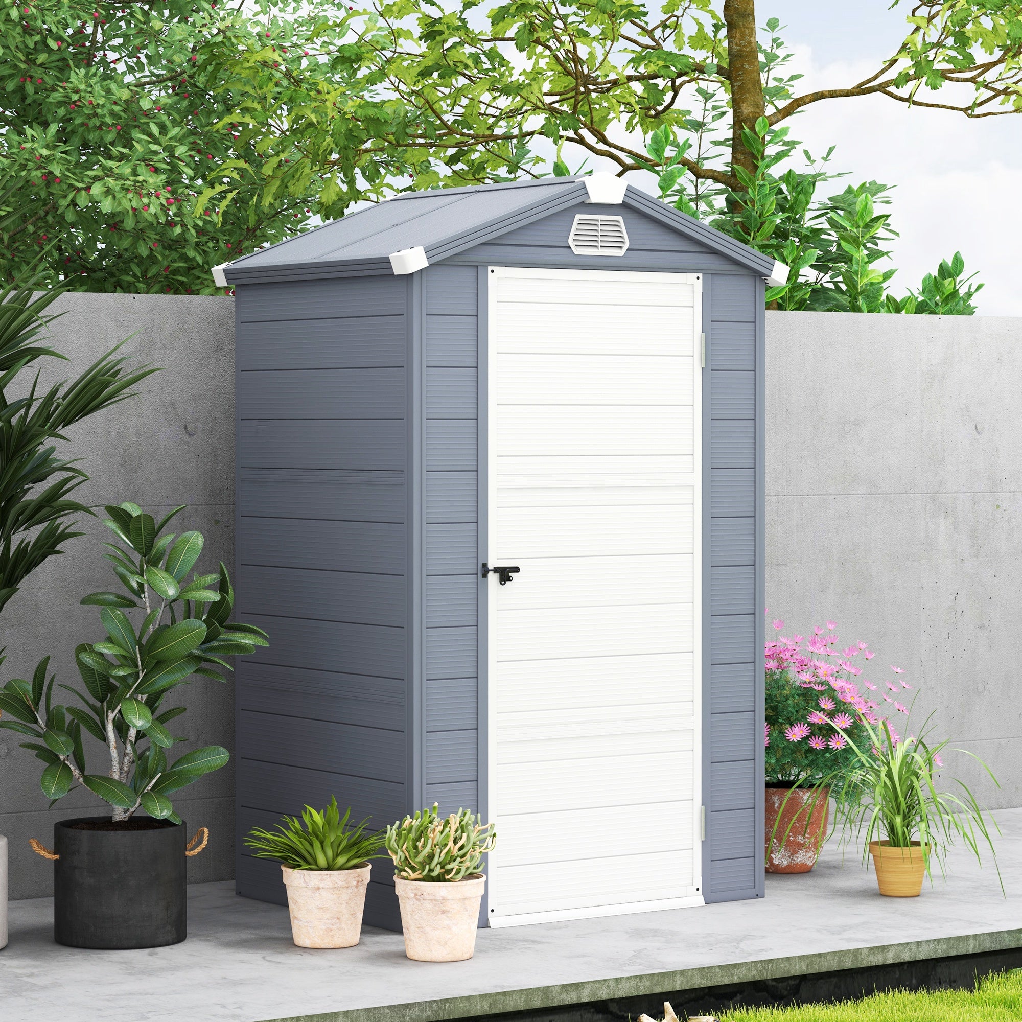 Outsunny 4 x 3ft Garden Shed with Foundation Kit, Polypropylene Outdoor Storage Tool House with Ventilation Slots and Lockable Door, Grey - anydaydirect