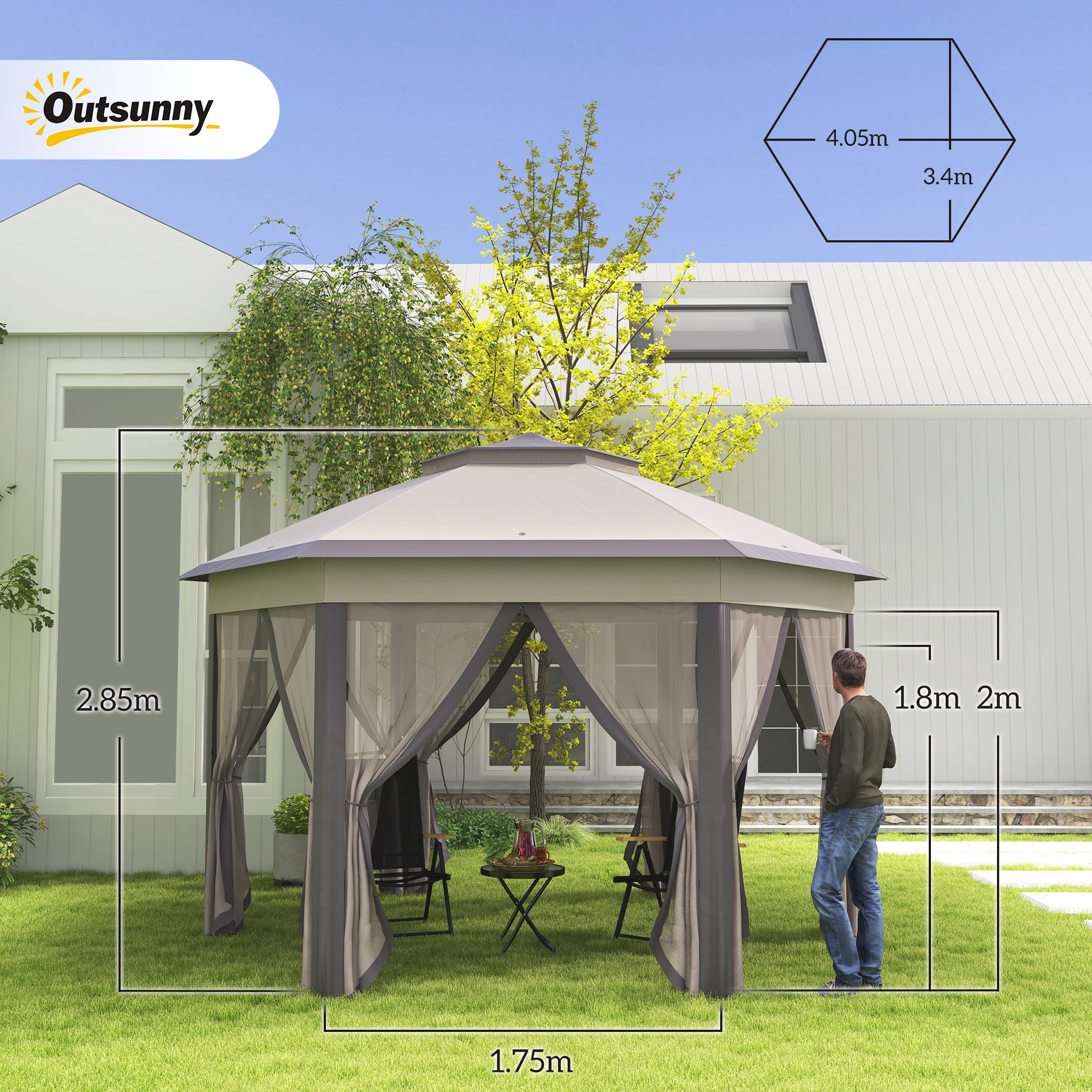Outsunny 3 x 4m Garden Gazebo Hexagon Pop Up Party Tent Canopy Double Roof Instant Shelter with Netting and Carry Bag for Outdoor Patio, Beige - anydaydirect