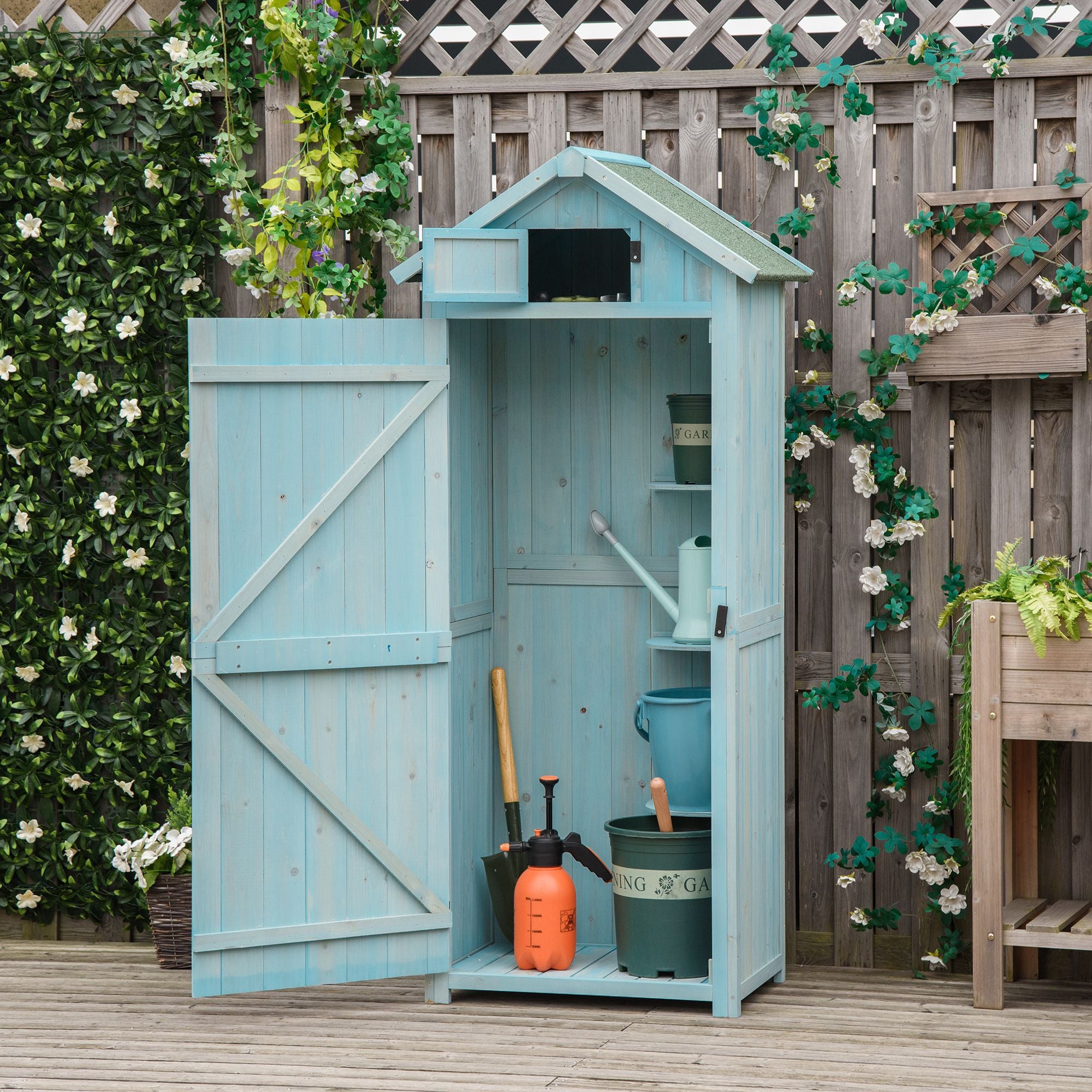 Outsunny Garden Shed Vertical Utility 3 Shelves Shed Wood Outdoor Garden Tool Storage Unit Storage Cabinet, 77 x 54.2 x 179cm - Blue - anydaydirect