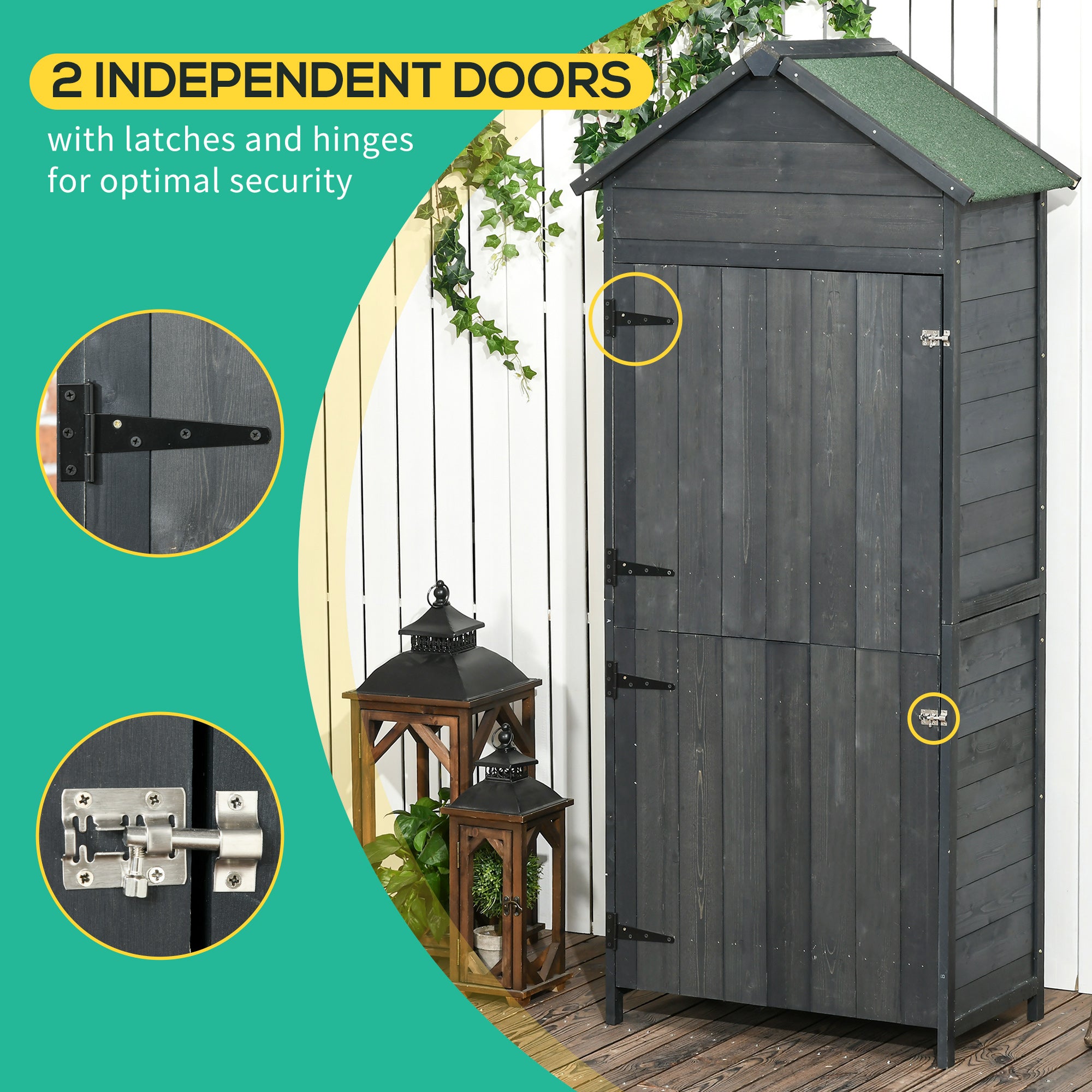 OutsunnyGarden Storage 4-Tier Wooden Garden Outdoor Shed 3 Shelves Utility Gardener Cabinet Lockable 2 Doors - Grey - anydaydirect