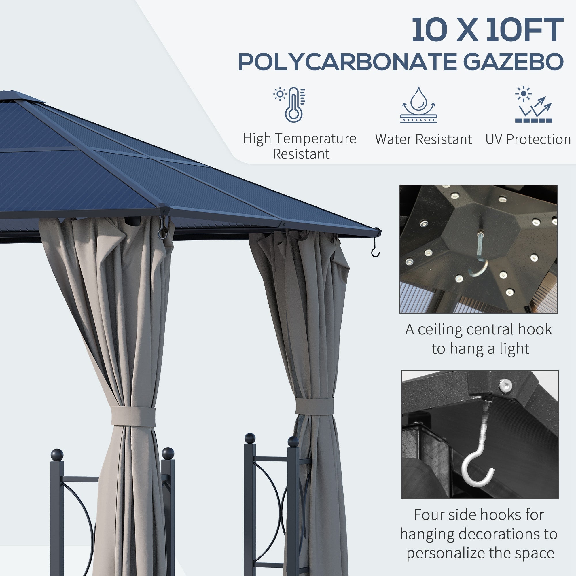 Outsunny 3 x 3(m) Hardtop Gazebo Canopy with Polycarbonate Roof, Steel & Aluminium Frame, Garden Pavilion with Mosquito Netting and Curtains, Black - anydaydirect